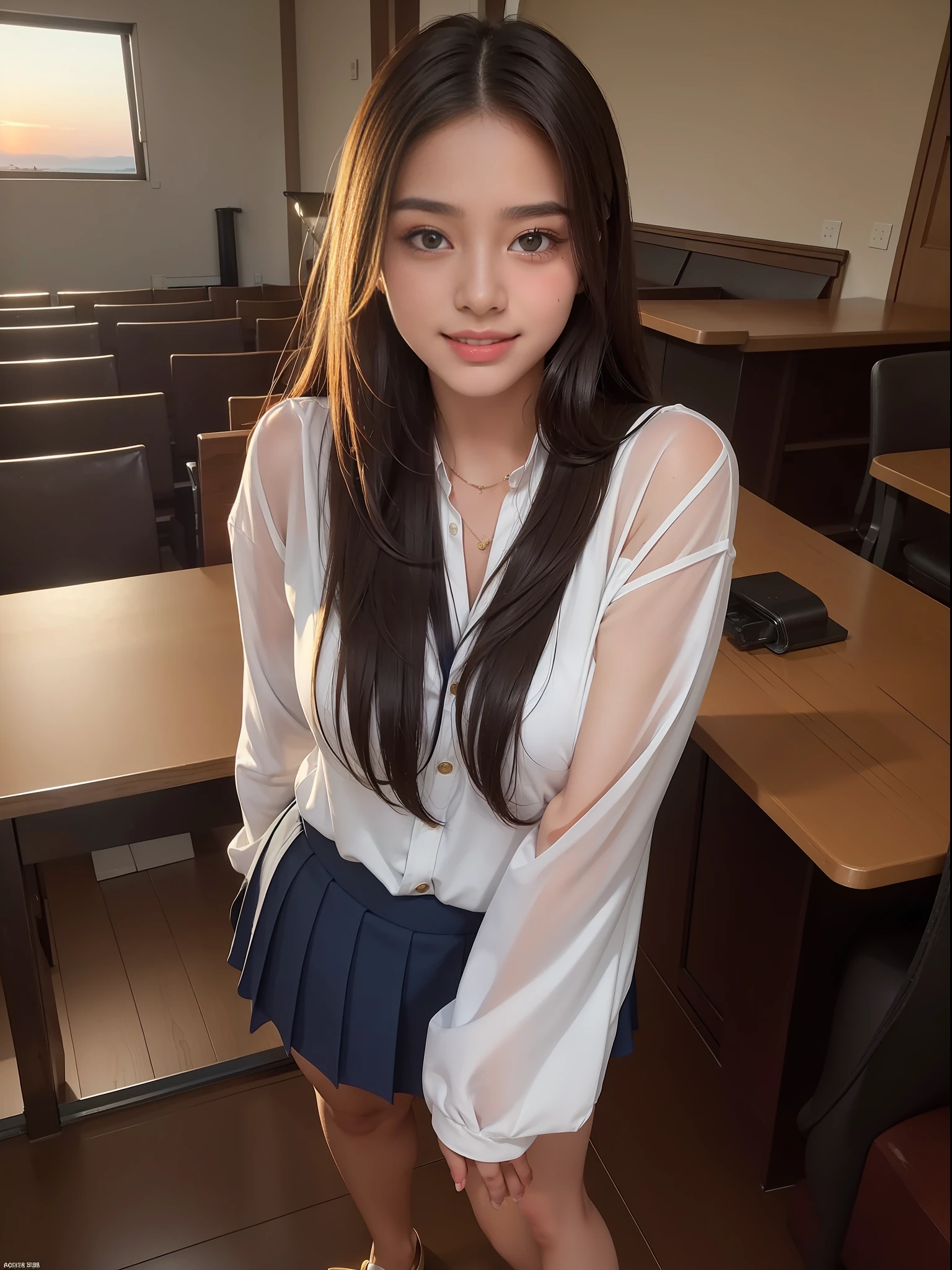 Highest quality, full body detail, golden ratio, (theater lighting: 0.7), masterpiece, viewer angle shot, beautiful smile, ( tanned, alluring 18 years old) ( AdreaLee ), looking straight mysteriously happy, standing on the sea side, curvy body (wearing school uniform), long brown messy straight hair, sunset, full body portrait, perfect face, amazing eyes, vivid details, (highly detailed skin), accent lighting, depth of field, old camera, conscious, digital grain, war photography, dogs perspective view angle photoshoot, from bottom to top