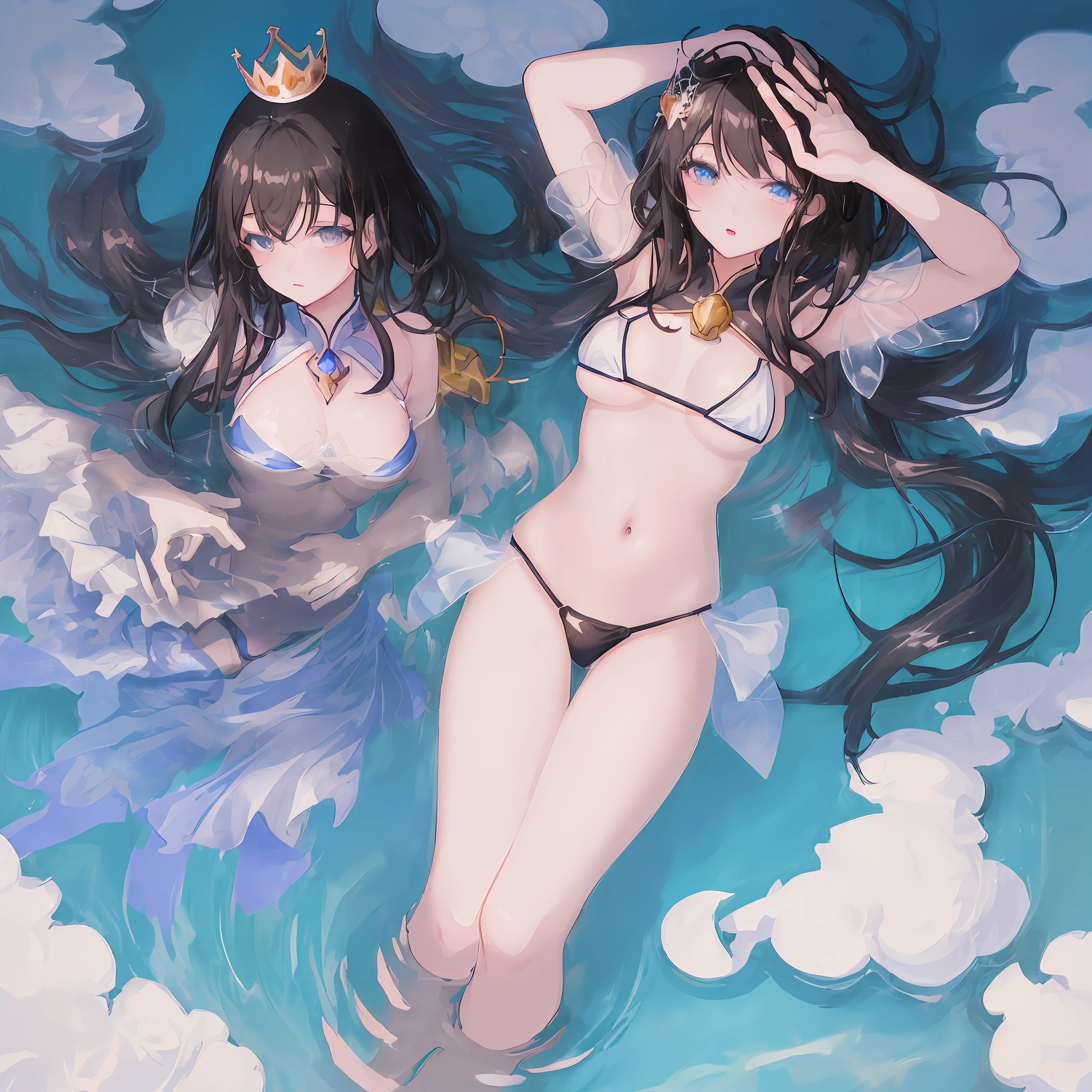 (high quality detailed art 8k, ((anime girl)),((beautiful fantasy queen))), high quality lighting, natural shadows, ((highly detailed art germ)), floating feeling, sexy pose , ((long black hair)), ((long black hair)), micro bikini, big breasts, exposed belly, white liquid, exposed armpits Beautiful face, seductive eyes, detailed digital anime art, dynamic angle, straps, ( poolside scenery), ripples, water surface.