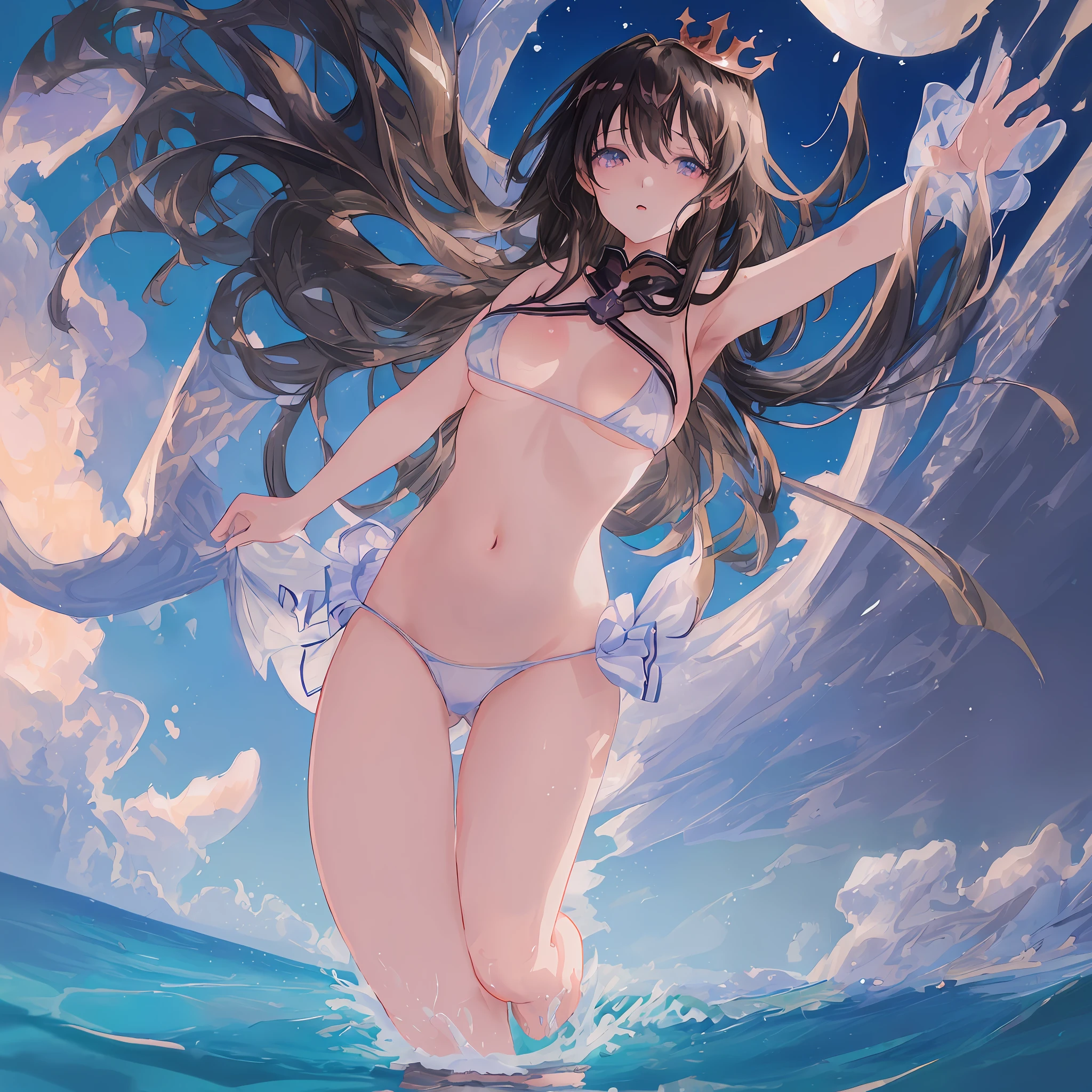 (high quality detailed art 8k, ((anime girl)),((beautiful fantasy queen))), high quality lighting, natural shadows, ((highly detailed art germ)), floating feeling, sexy pose , ((long black hair)), ((long black hair)), micro bikini, big breasts, exposed belly, white liquid, exposed armpits Beautiful face, seductive eyes, detailed digital anime art, dynamic angle, straps, ( poolside scenery), ripples, water surface.