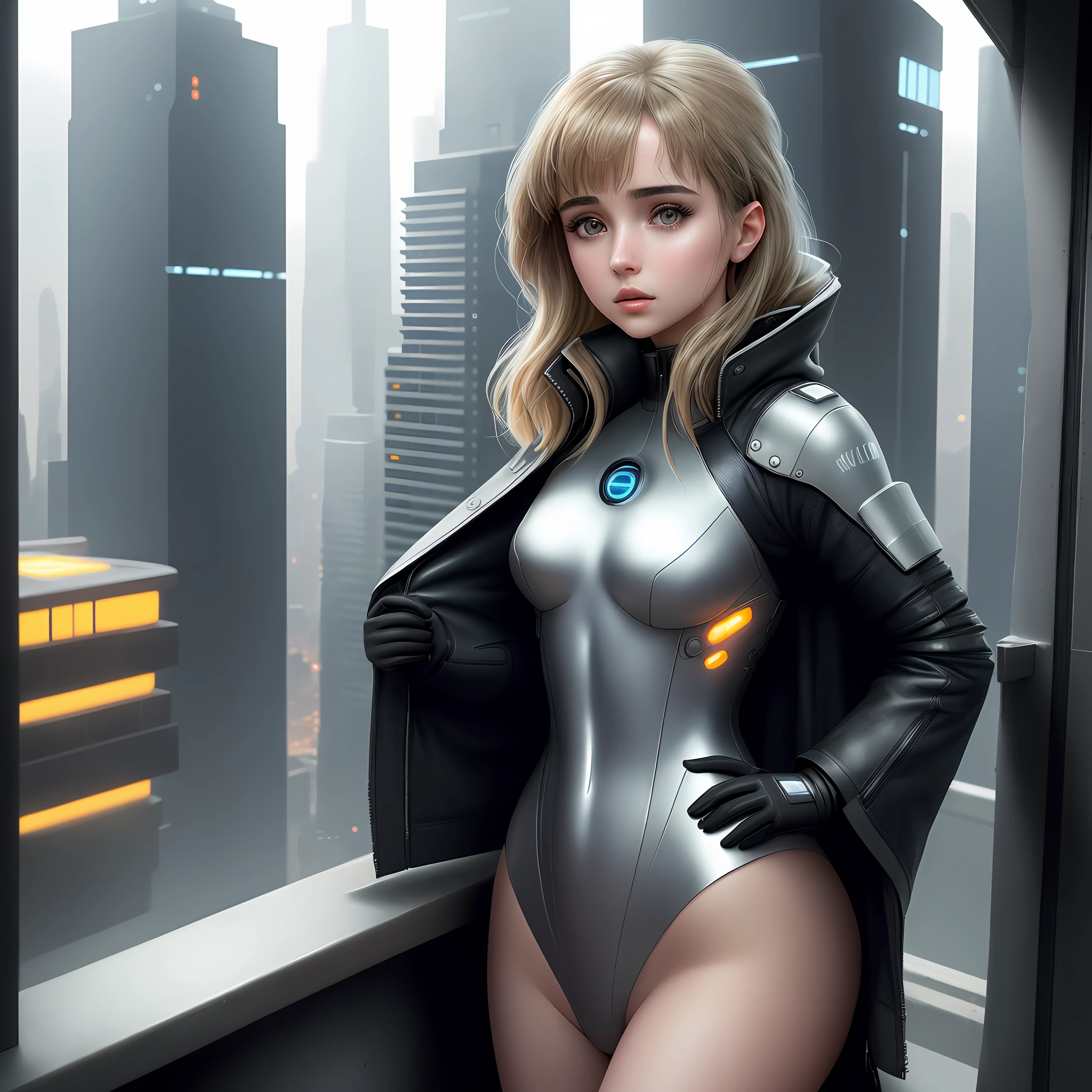 Ana de Armas (Blade Runner 2049 actress) (delicate and beautiful face + detailed skin pores, imperfect skin, ultra-detailed body: 1.1), she stands on the balcony or roof, overlooking the city. She should be wearing futuristic clothing with a serious expression on her face, as if she is meditating or surveying the city below. The girl may be holding a small device, such as a communicator or scanner, which adds to the sci-fi feel of the image. There may also be some people or flying vehicles in the background, adding to the sense of bustling activity in the city.
