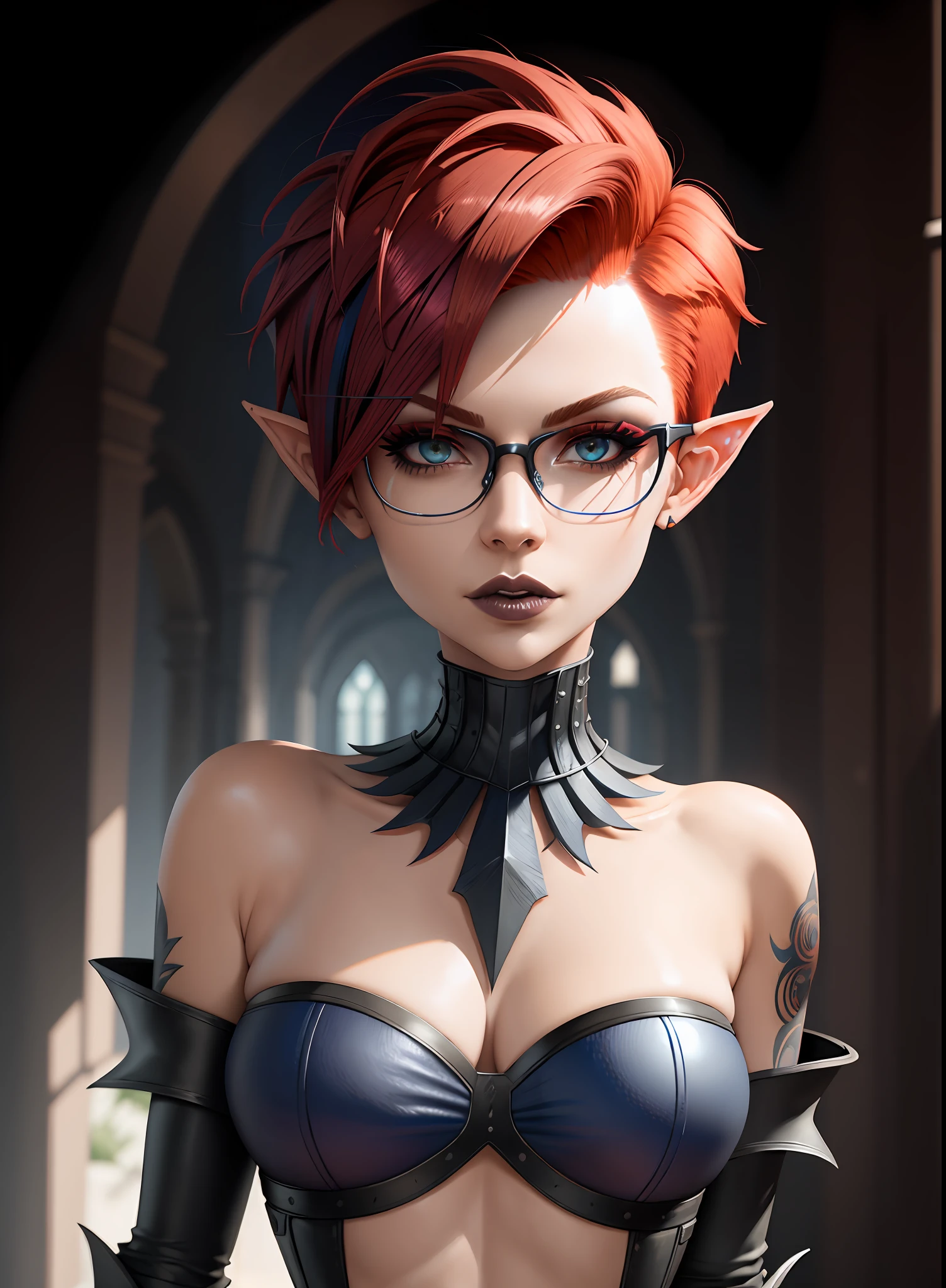 (((headshot))) (((Masterpiece))), best quality, ultra-detailed CG unity 8k wallpaper (1girl:1.3) androgynous female (short red pixie cut hair:1.3) (blue eyes) (black glasses) elf ears (gothic) (goth)