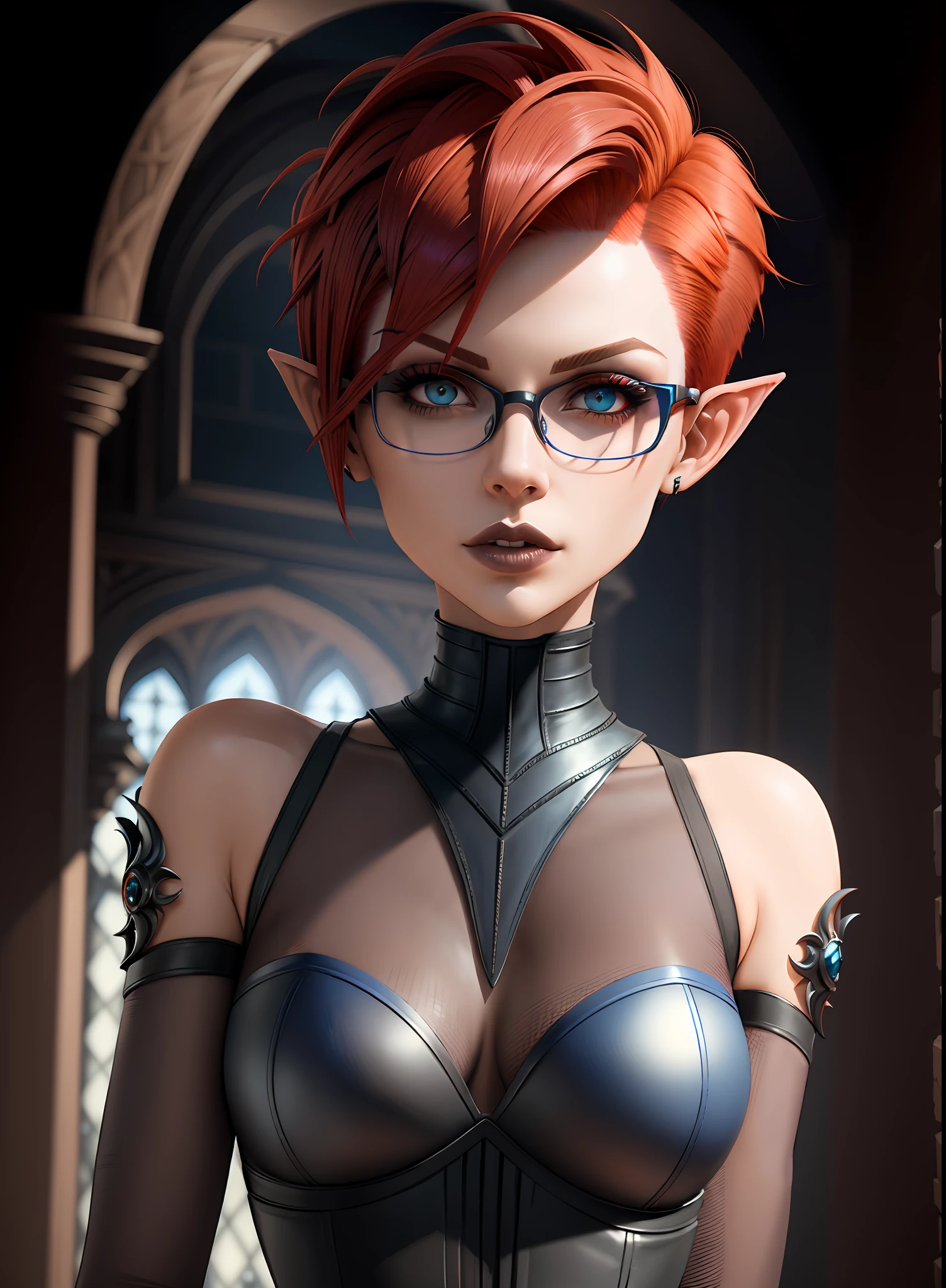(((headshot))) (((Masterpiece))), best quality, ultra-detailed CG unity 8k wallpaper (1girl:1.3) androgynous female (short red pixie cut hair:1.3) (blue eyes) (black glasses) elf ears (gothic) (goth)