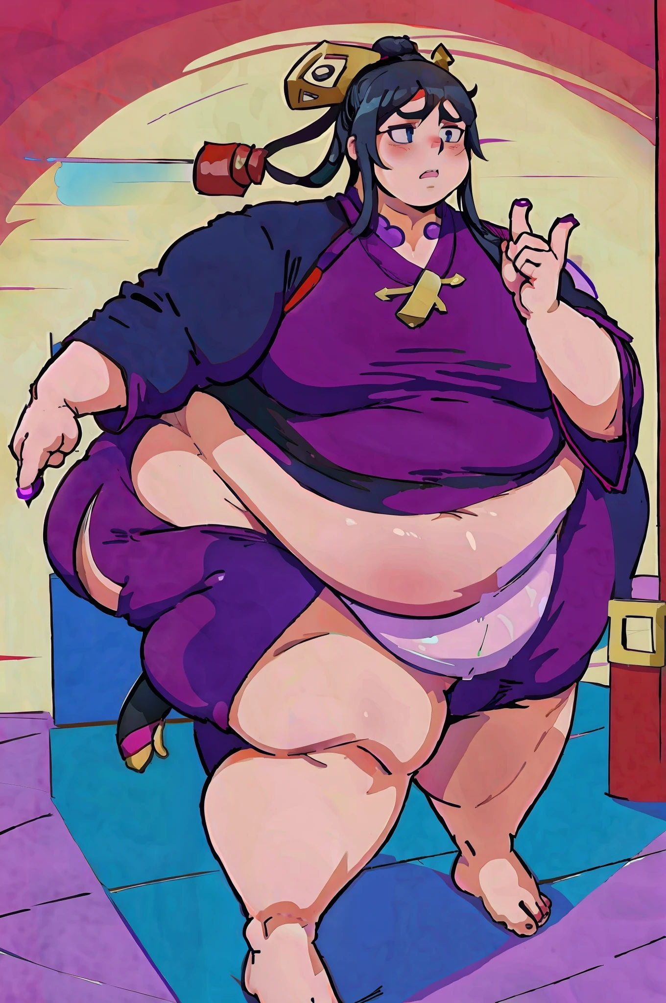 anime drawing of a fat man with his fat!chest in his hand, thicc!!, he has a jiggly fat round belly, his belly is fat and round((insanely fat and round)), thicc build, obese , tall curvy full body portrait of a tall!, Obese man,(( insanely inflated hips and Round bouncy butt!!)), ((Massive fat belly Big enough to cover his knees)), full body commission for, full body!, morbidly obese!. ((Long ,Black hair, bun), Male , Handsome ,((Purple, Magenta and Black clothes)), ((Chinese Hanfu!))((bursting clothes!)) , gray eyes, ((Outraged and angered Expression)), ((chubby Cheeks, Multiple chins)) ,((Jiang Cheng from Mo Dao Zhu Shi)),((Lotus Pier back ground)), Fat Face, ((anatomically accurate but very fat legs)), ((Legs Spread out!)), (( Purple Whip in hand)), ((getting bigger))