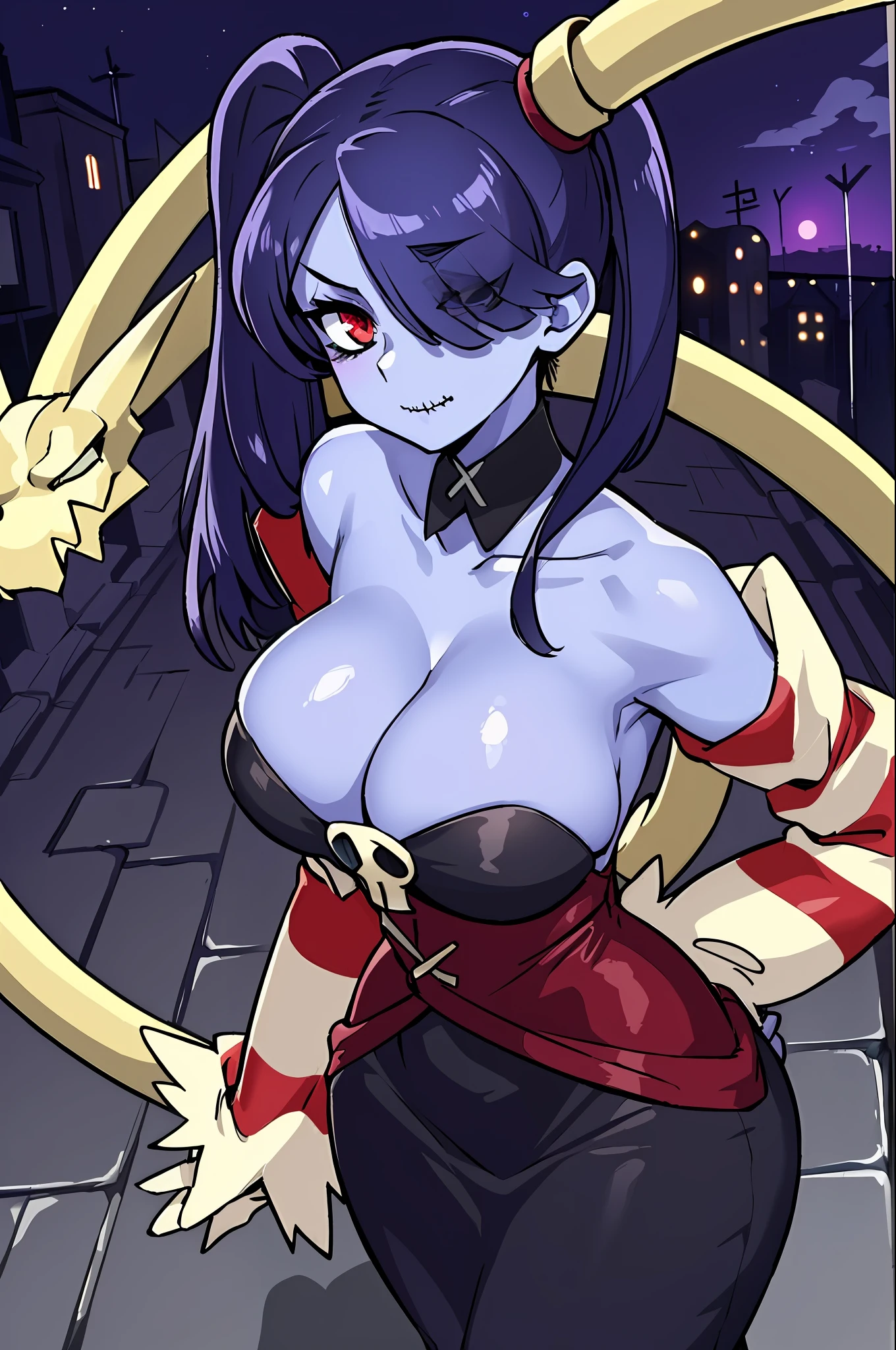 ((masterpiece, high quality, best quality: 1.3)), wavy, 1 girl, solo, medium breasts, facing viewer, bare shoulders, parted sleeves, hair over one eye, red eyes, side ponytail, single tail horse, loose collar, skull, ((blue fur)), stitches, zombie, striped sleeves, stitched mouth, extremely detailed, highly detailed, ((backlight particles, graveyard, spooky background, at night, moon, background from graveyard, detailed background: 1.5)), perfect face, beauty, perfect eyes, ((skeletal arm, vivid tails, dynamic pose, big butt, big lips)), baggy eyes, makeup, big eyelashes, cute, adorable, serious , ((leviathan: 1.3)), full body, natural light, moonlight, (long skirt, perspective:1.2),in lingerie, ecchi anime style, anime woman fullbody art, ecchi style, anime character; full body art, realistic - anime, ”beautiful anime woman, ecchi, anime arts, seductive anime girl, beautiful anime woman, different point of views,playa, 1niña, absurdres, lazo negro, guantes negros, calzas negras, ojos azules, pelo azul, lazo, clavícula, vestido, pelo perforado, vestido con volantes, volantes, guantes, gwen \(league of legends\), adorno para el pelo, alta resolución , league of legends, cabello largo, labios entreabiertos, mangas hinchadas, pupilas rosadas, sonrisa, solo, vestido blanco, x, x adorno para el cabello, nsfw, pechos pequeños, desnudo,,