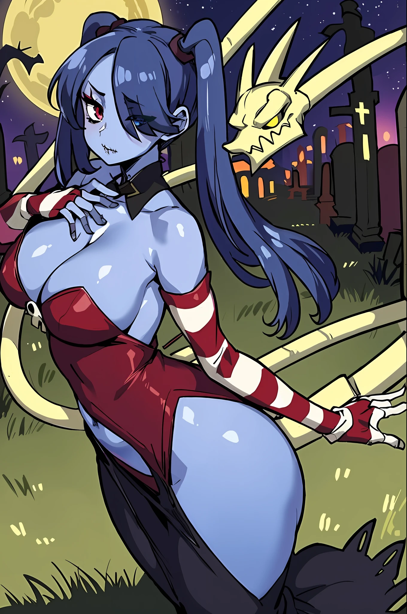 ecchi, ahegao, ecchi anime style in lingerie, ecchi anime style, anime woman fullbody art, ecchi style, anime character; full body art, realistic - anime, ”beautiful anime woman, ecchi, anime arts, seductive anime girl, beautiful anime woman,((masterpiece, high quality, best quality: 1.3)), wavy, 1 girl, solo, medium boobs , looking at viewer, bare shoulders, parted sleeves, hair over one eye, red eyes, side ponytail, single ponytail, loose collar, skull, ((blue skin)), stitches, zombie, striped sleeves, sewn up mouth , extremely detailed, highly detailed, ((backlight particles, graveyard, creepy background, at night, moon, graveyard background, detailed background: 1.5)) , perfect face, beauty, perfect eyes, ((skeletal arm, colos vivid, dynamic pose, big butt, big lips)), baggy eyes, makeup, big eyelashes, cute, adorable, serious, ((leviathan: 1.3)), full body, natural light, moonlight, (long skirt, perspective: 1.2),in lingerie, ecchi anime style, anime woman fullbody art, ecchi style, anime character; full body art, realistic - anime, ”beautiful anime woman, ecchi, anime arts, seductive anime girl, beautiful anime woman,