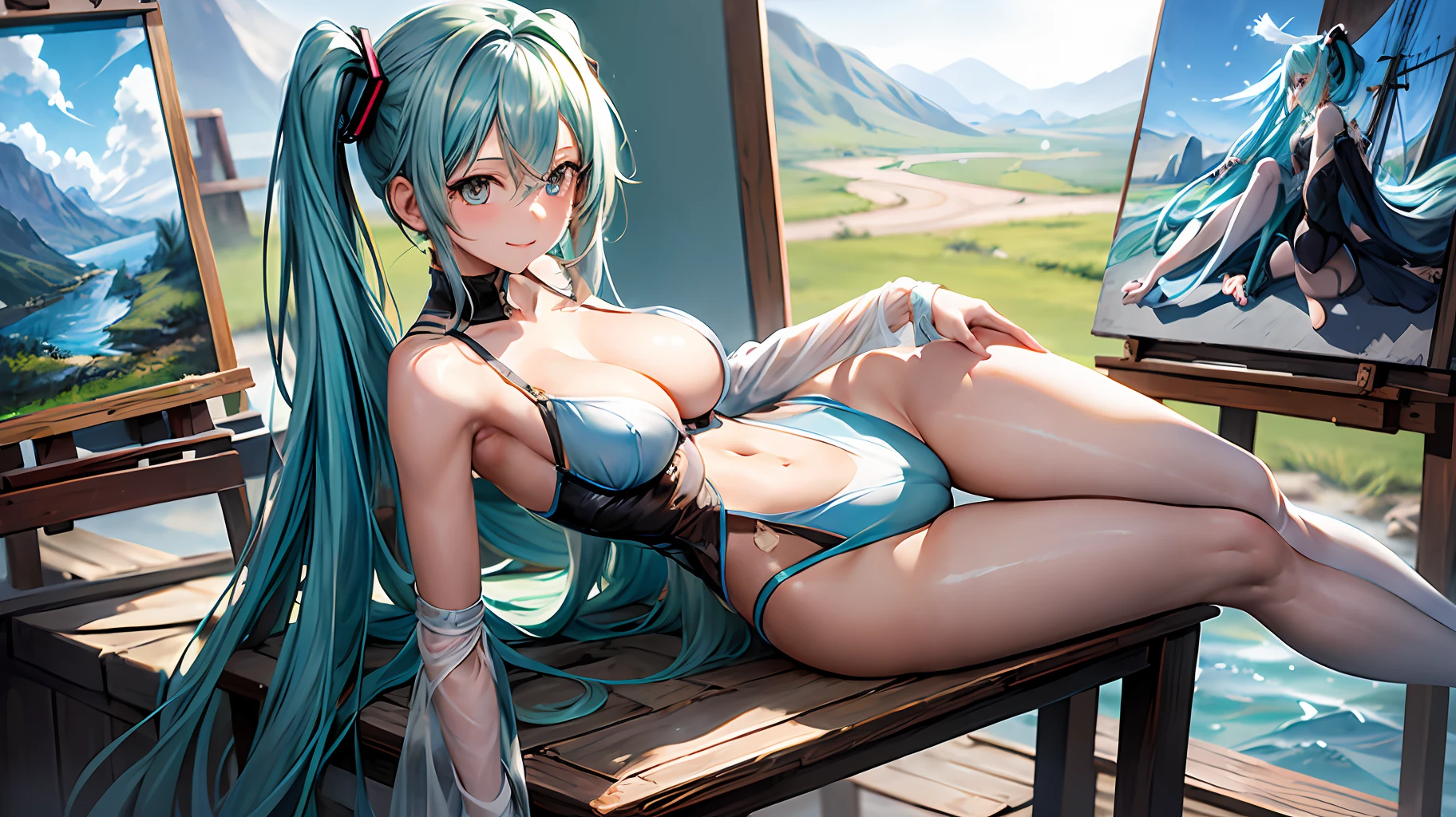 hatsune miku ,looking back ,masterpiece,illustration, best quality, highres 64k, professional artwork, famous artwork, clean, cinematic lighting, beautiful eyes + detail, beautiful hair + detail, multicoloured hair, (sexy young female body:1.4), ( medium breasts, lactation), happy:1.2, smile, sexy looking at the viewer, floating hair,white hair,see-through leotard,covered,covered navel, masterpiece,1girl,cute, looking back, white long shirt ,view from behind,1 girl, , big boobs, , sitting, sitting in front of an easel, brush in hand, easel with a painting, facing front, looking at the painting, painting a picture, a picture with a woman painted with spreand legs, in the mountains