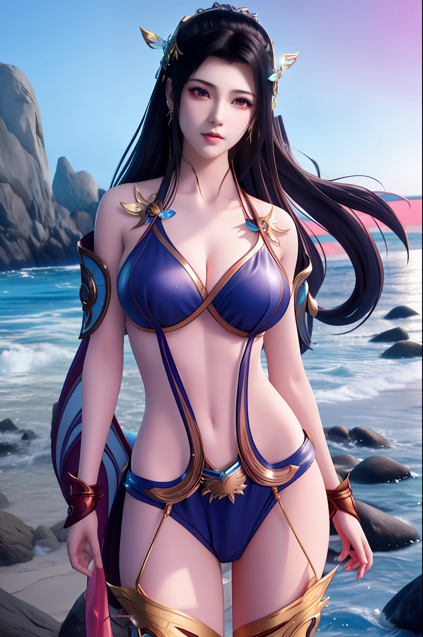 sexy asian woman in a bikini posing on a rocky beach, irelia, beautiful alluring anime woman, irelia from league of legends, japanese goddess, seductive anime girl, anime girl cosplay, swimsuit, beautiful alluring anime , anime goddess, gorgeous bikini model, tifa, lady palutena, deayami kojima