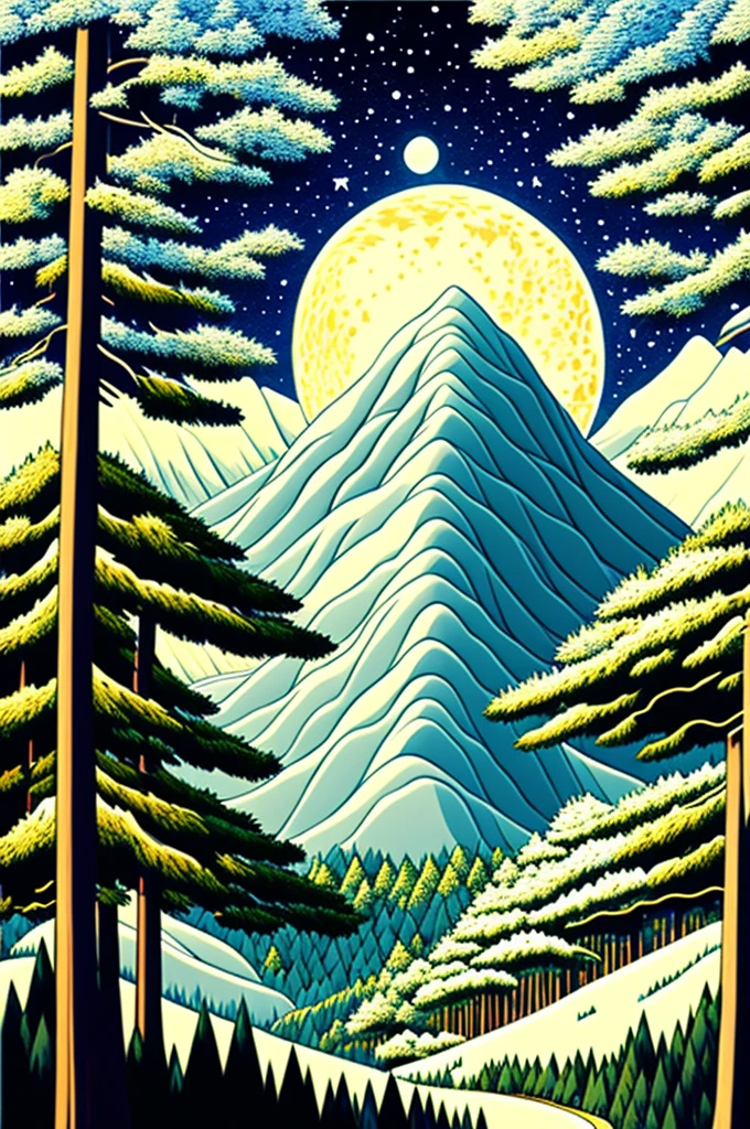 Painting of a detailed pine forest, by range murata, a big moon in the background, mountain scape, vector line art, trending in pixiv, anime concept art, awesome, matte, paul gauguin, van gogh