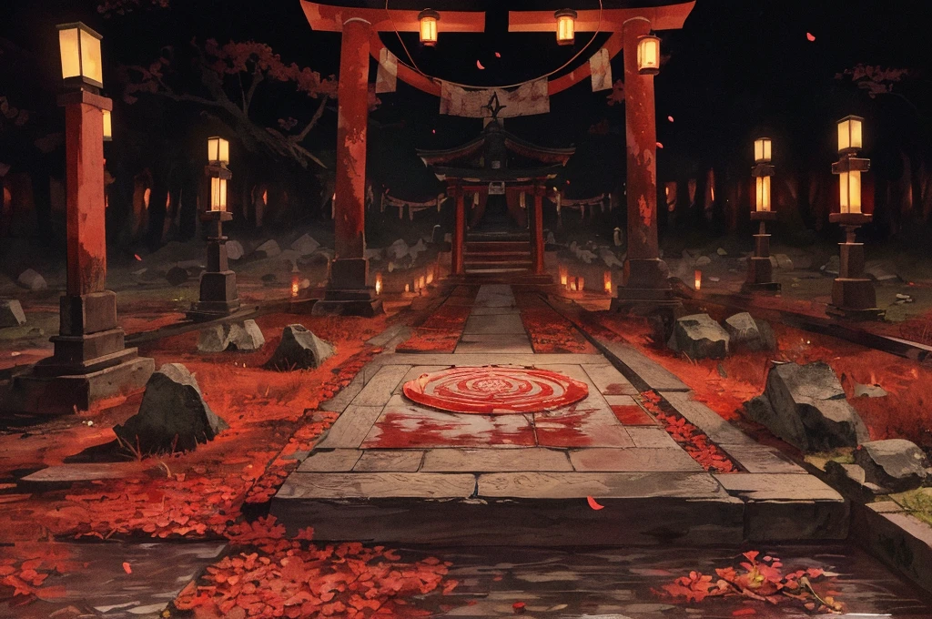 ancient Japanese scenery, temples, (mysterious black fog), journey to the west, ((cult)), ((child sacrifice)), ((cultist)), (dilapidated), (battlefield)), (blood stains), glazed tiles, Buddha statues, Tori gate, lanterns, absurdity, realistic lighting, (abyss) masterpiece, high quality, beautiful graphics, high detail, miaobishenghua  , butterflies, flowers, floating petal, stone fragment, beautiful detailed blood, night, moonlight, beautiful detailed torii, blood stains, bloody floor, [(black background:1.5)::5]