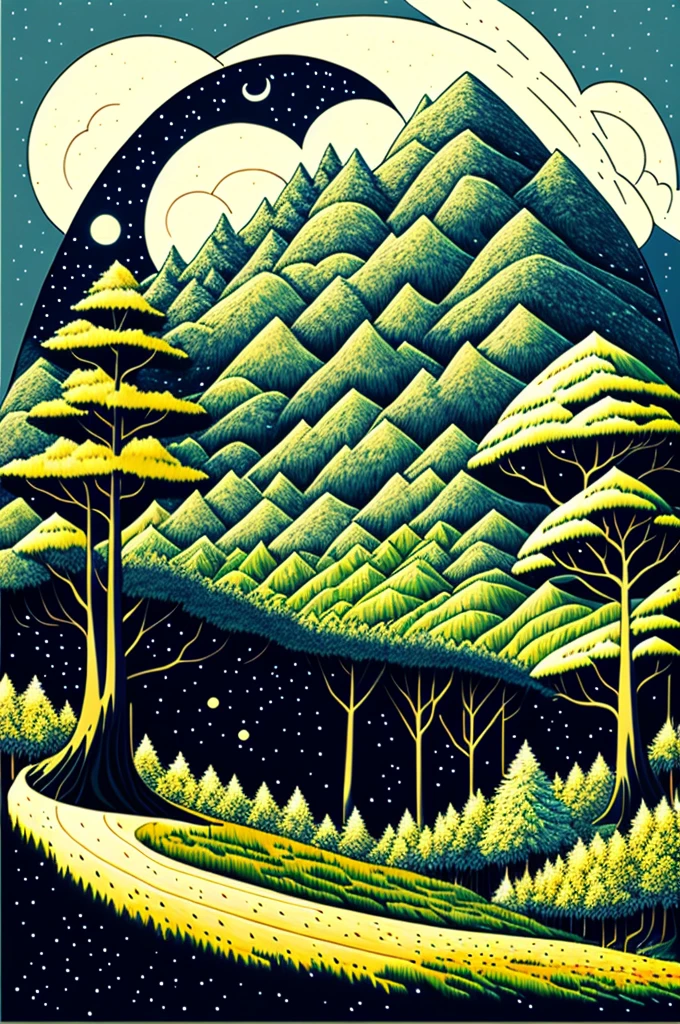 Painting of a detailed pine forest, by range murata, a big crescent moon in the background, mountain scape, vector line art, trending in pixiv, anime concept art, awesome, matte, paul gauguin, van gogh