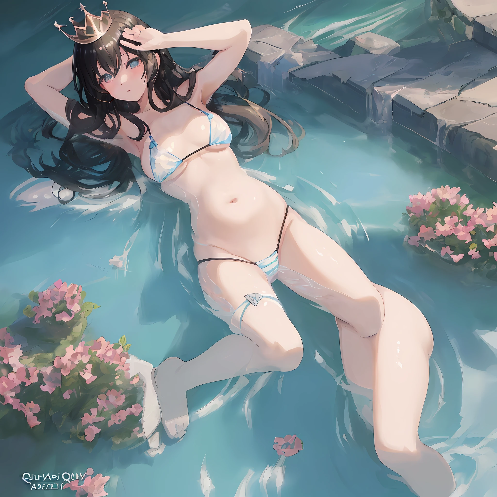 (high quality detailed art 8k, ((anime girl)),((beautiful fantasy queen))), high quality lighting, natural shadows, ((highly detailed art germ)), floating feeling, sexy pose , ((long black hair)), ((long black hair)), micro bikini, lower breasts, big breasts, exposed belly, white liquid, exposed armpits Beautiful face, seductive eyes, detailed digital anime art, dynamic angle, Straps, (poolside scenery), ripples, water surface.