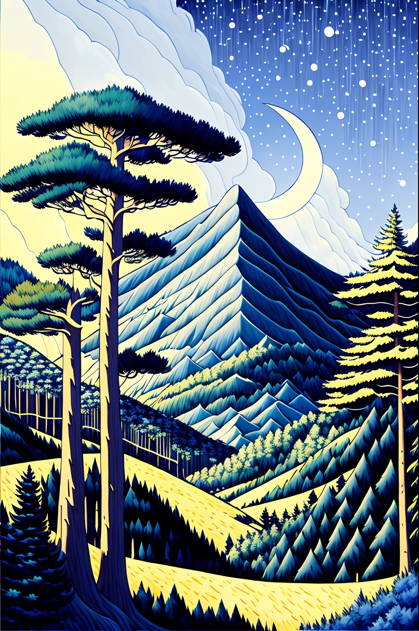 Painting of a detailed pine forest, by range murata, a big crescent moon in the background, a dark blue sky, mountain scape, vector line art, trending in pixiv, anime concept art, awesome, matte, paul gauguin, van gogh