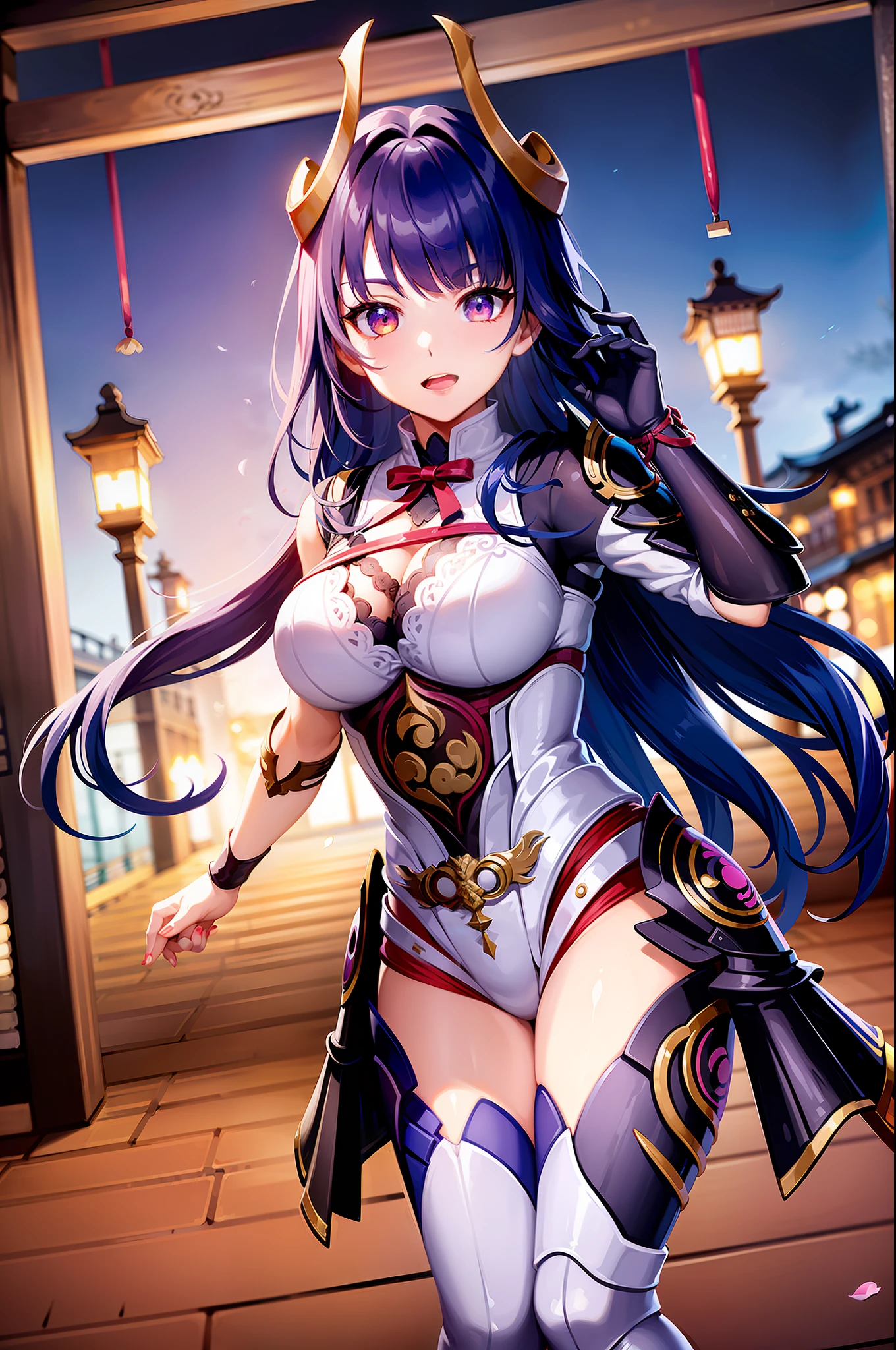 1 girl, best quality, (live action: 1.2), (hair decoration: 1.35), big breasts, torii, cherry blossoms, lantern lights, depth of field, detailed face, face focus, (viewers: 1.25), shiny skin, game CG, East Asian architecture, blurry background, night sky, Torino aqua, attack pose, holding a sword, sword, ((lightning)), samurai armor, shoulder armor, longing smile, smooth texture of clothes, Korean woman, (stockings), fierce,