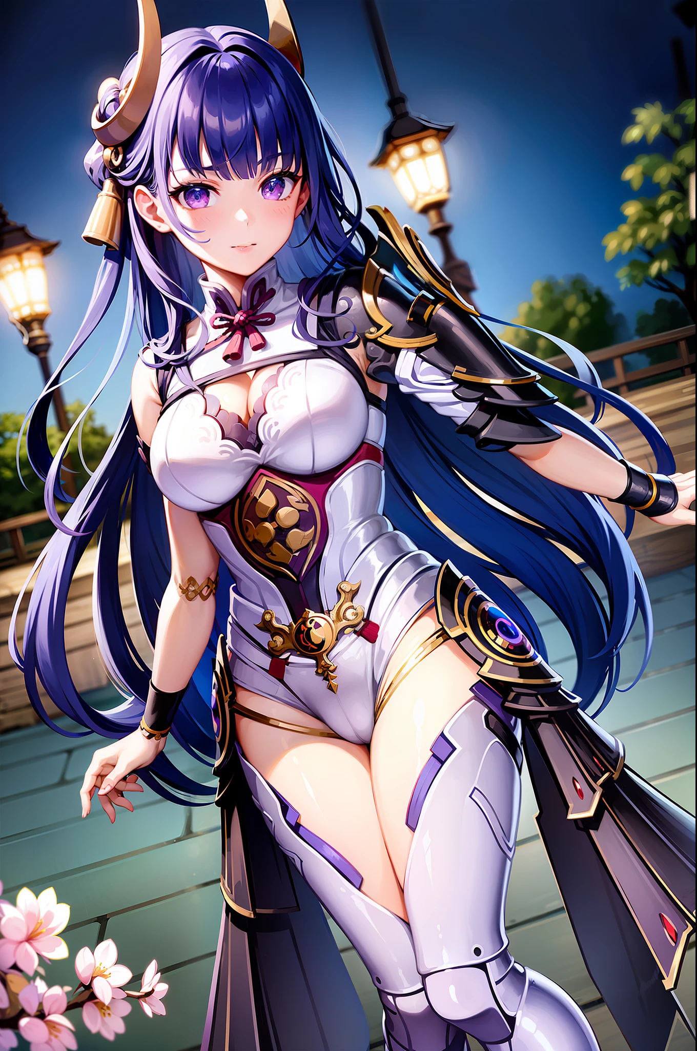 1 girl, best quality, (live action: 1.2), (hair decoration: 1.35), big breasts, torii, cherry blossoms, lantern lights, depth of field, detailed face, face focus, (viewers: 1.25), shiny skin, game CG, East Asian architecture, blurry background, night sky, Torino aqua, attack pose, holding a sword, sword, ((lightning)), samurai armor, shoulder armor, longing smile, smooth texture of clothes, Korean woman, (stockings), fierce,