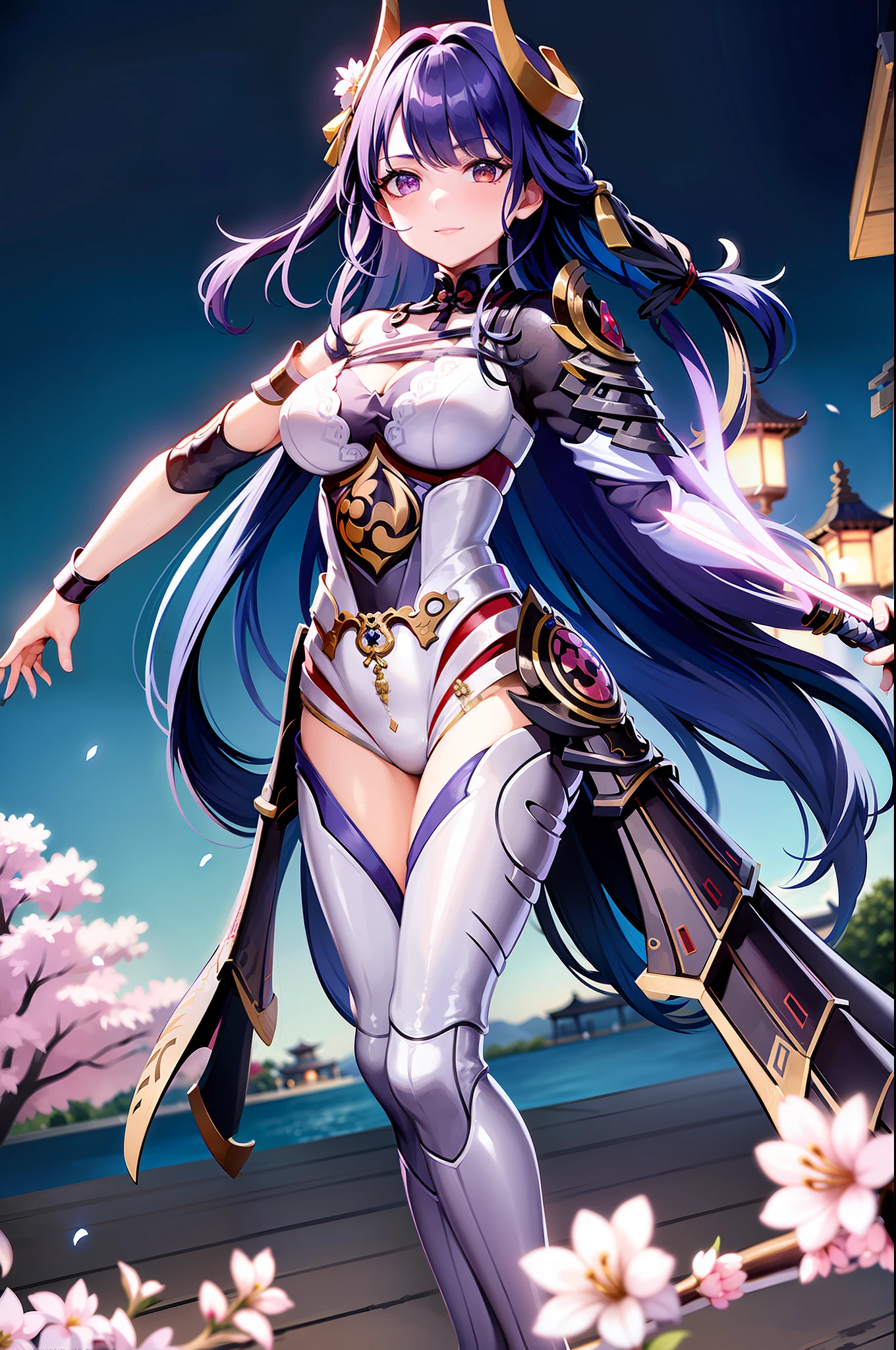 1 girl, best quality, (live action: 1.2), (hair decoration: 1.35), big breasts, torii, cherry blossoms, lantern lights, depth of field, detailed face, face focus, (viewers: 1.25), shiny skin, game CG, East Asian architecture, blurry background, night sky, Torino aqua, attack pose, holding a sword, sword, ((lightning)), samurai armor, shoulder armor, longing smile, smooth texture of clothes, Korean woman, (stockings), fierce,