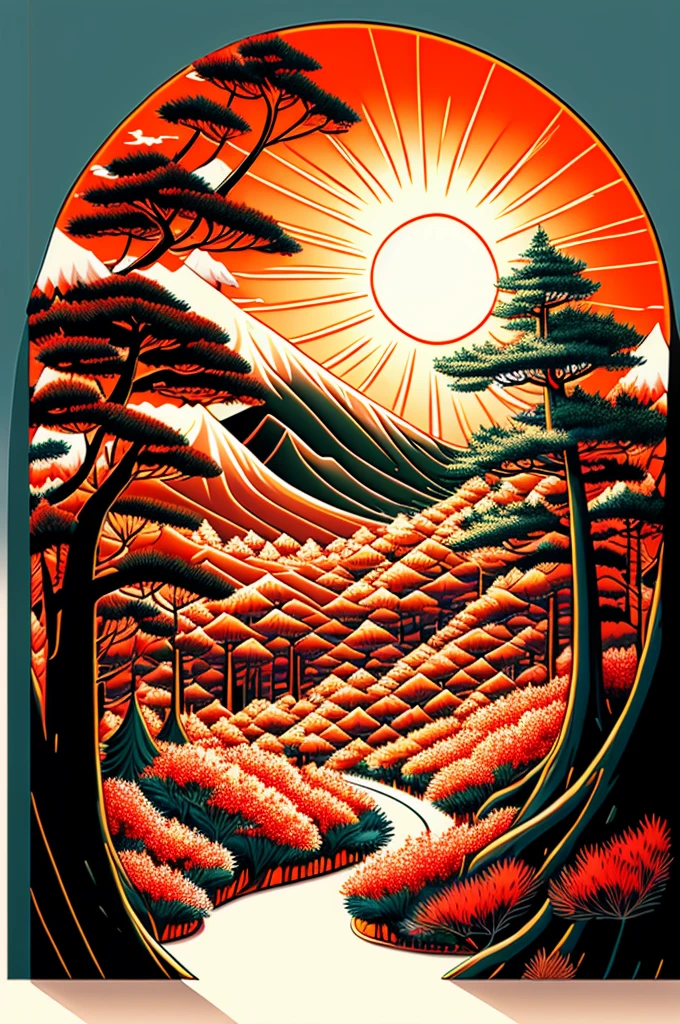 Intricate painting of a detailed japanese pine forest, by range murata, a big red sun in the background, sparse clouds, vivid colors, high contrast, mountain scape, vector line art, trending in pixiv, anime concept art, awesome, matte, high quality, van gogh