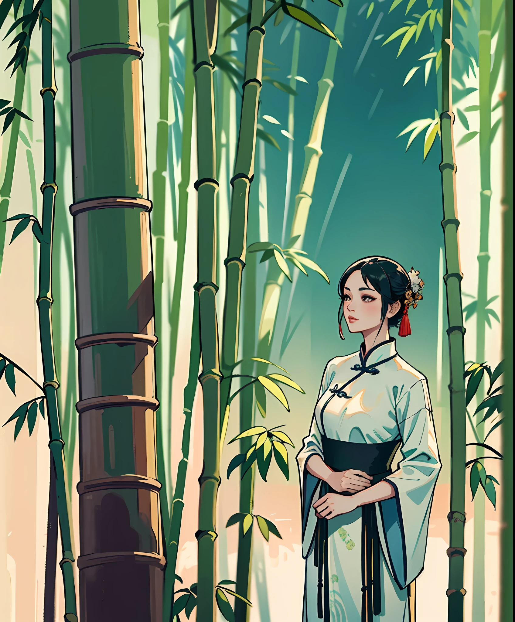 An ancient Chinese beauty standing next to bamboo, profile, wearing ancient Chinese clothing, flowing tulle, drape, bamboo leaves, sunlight, ink painting style, clean color, decisive cut, blank space, freehand, masterpiece, super detailed, epic composition, high quality, highest quality, 4k --v 6