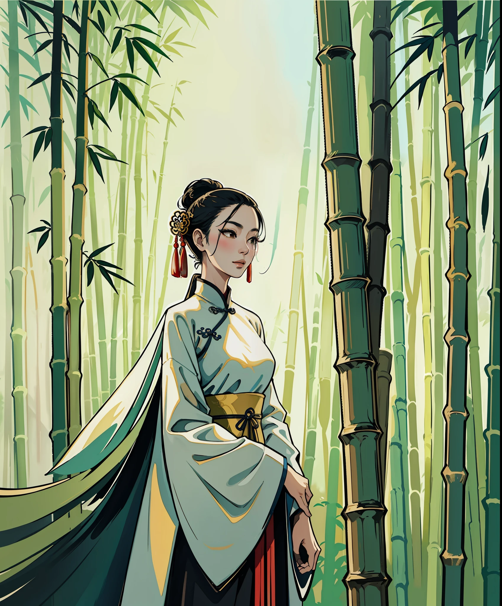 An ancient Chinese beauty standing next to bamboo, profile, wearing ancient Chinese clothing, flowing tulle, drape, bamboo leaves, sunlight, ink painting style, clean color, decisive cut, blank space, freehand, masterpiece, super detailed, epic composition, high quality, highest quality, 4k --v 6
