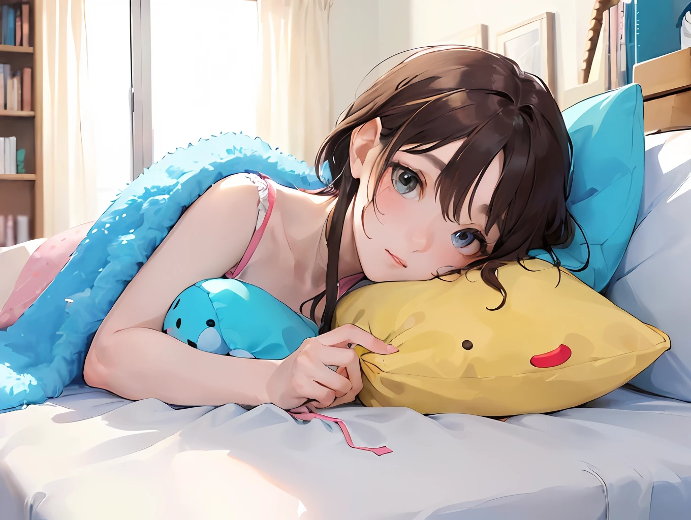 ((masterpiece,best quality)),(1girl),beautiful detailed eyes,colorful, vivid color, messy room, stuffed toy, toy, pillow, blanket, cushion,