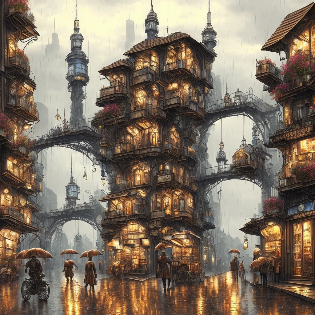 ((masterpiece)),((best quality)),((high detail)),((realistic)),((industrial style)),((city)),((middle valley)),((building street )),((bazaar)),((bridge)),((rainy day)),((steampunk)),((European architecture))
