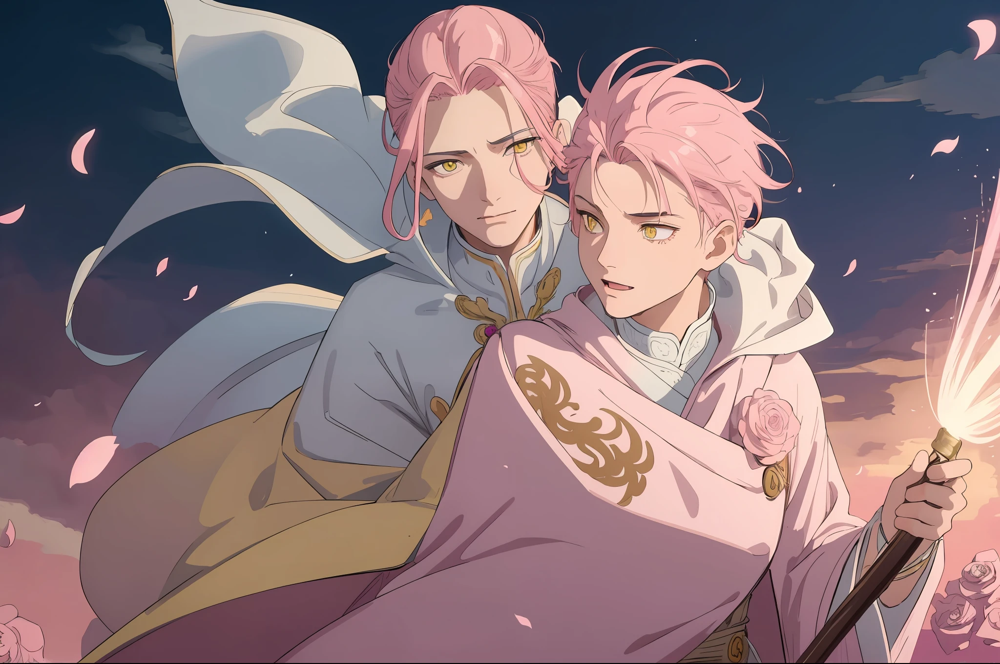 ((masterpiece:1.2, best quality)), 4k, 1boy, adult, Forehead, Undercut, wavy pink hair, yellow eyes, fancy robe, fluttering cape, cowboy lens, evil smile, fluttering petals , Rose Flowers, Shining White Particles, Huge Clouds, Dusk, Swirling Winds, Very Detailed Faces