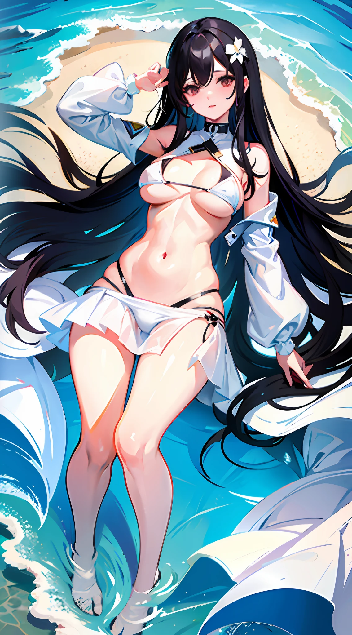 long black hair exposed belly exposed lower breasts white micro bikini skirt beach
