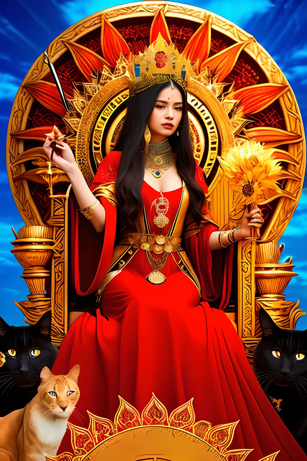 tarot, queen of clubs, queen, gypsy woman, red hair, wearing a richly embroidered red dress, in one hand a long wooden staff and in the other a sunflower, seated on a golden throne decorated with (two small wooden lions), (one cute little black cat in front of her), masterpiece, beautiful scenery, clear day, blue sky, cinematic lighting, ((highly detailed skin)), 8k, sharp focus, ((very complex details)), award-winning photography