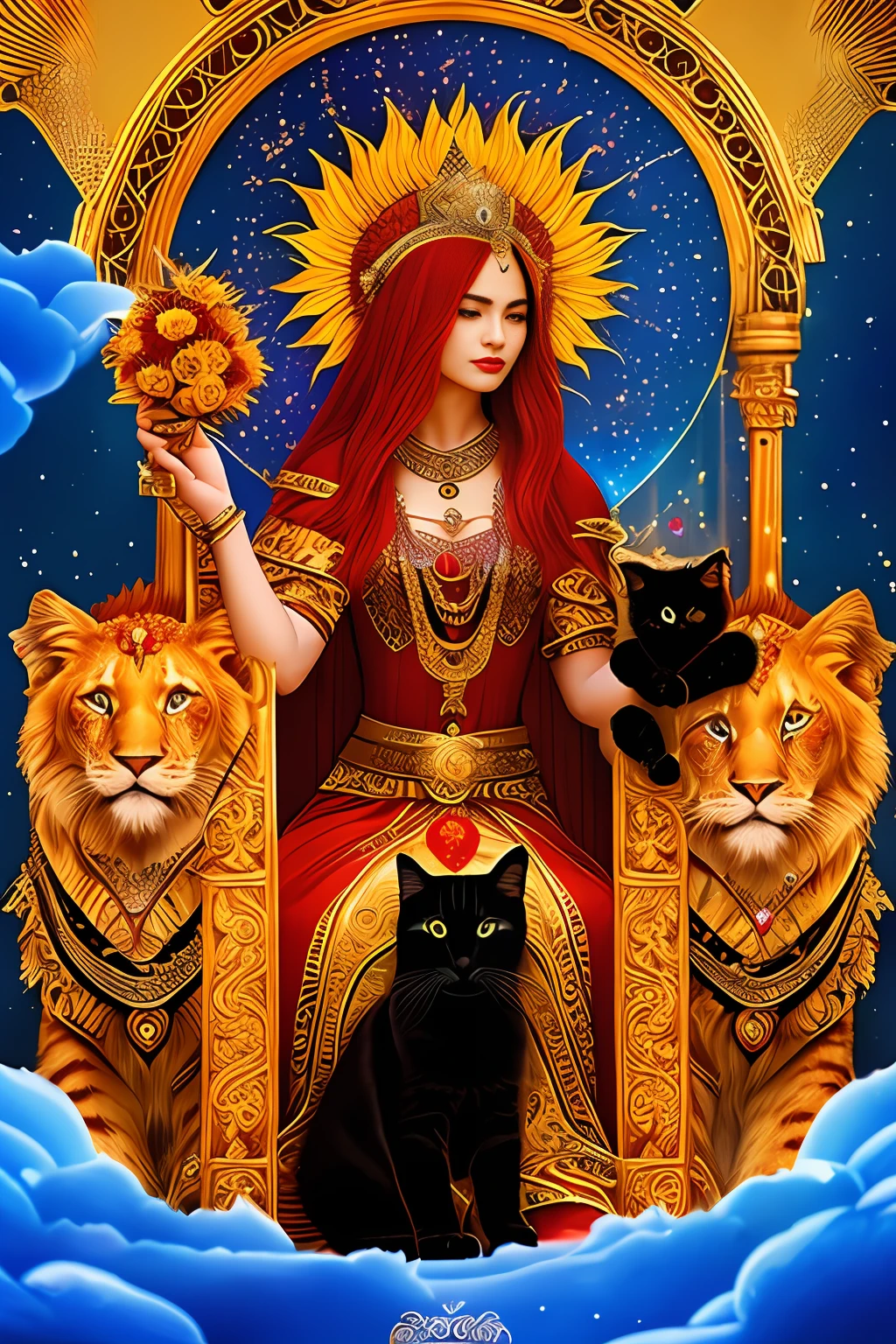 tarot, queen of clubs, queen, gypsy woman, red hair, wearing a richly embroidered red dress, in one hand a long wooden staff and in the other a sunflower, seated on a golden throne decorated with (two small wooden lions), (one cute little black cat in front of her), masterpiece, beautiful scenery, clear day, blue sky, cinematic lighting, ((highly detailed skin)), 8k, sharp focus, ((very complex details)), award-winning photography