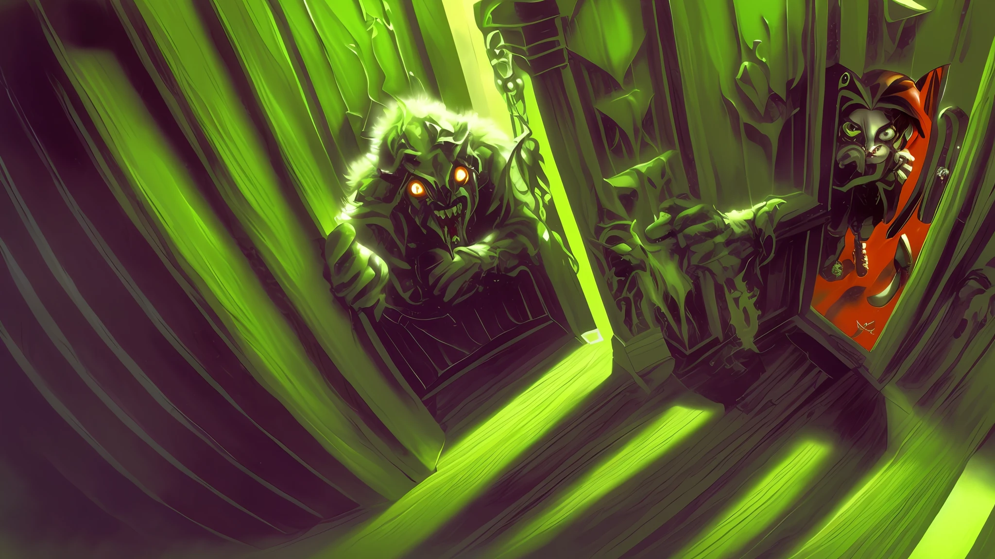 POV from a bedroom door,claws coming out of closet doors,green ooze dripping from the celling,red eyes glowing in each closet doors,a shadowy figure reflecting on the wall from the stairs,detailed (((goosebumps art by tim jacobus)))