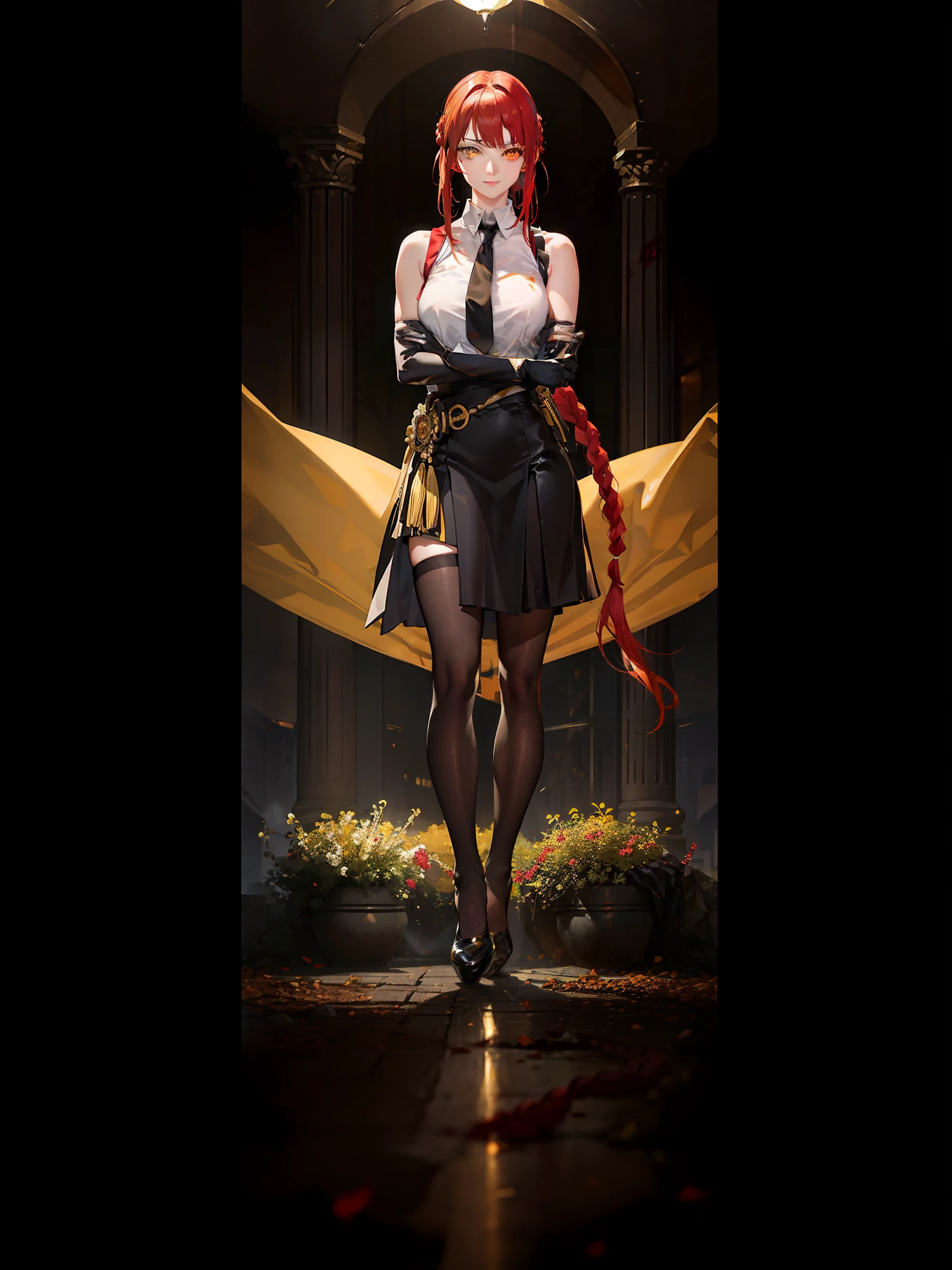 masterpiece, (photorealistic:1.4), best quality, beautiful lighting,KPop idol, (black elbow gloves), (black gloves), black necktie,black skirt, (sleeveless white blouse:1.2)),solo,outdoor,((full body)),crossed arms,pantyhose,holding a katana
(ulzzang-6500:0.5), makima \(chainsaw man\), (red hair)+(long braided hair)+(bangs), yellow eyes, golden eyes, ((ringed eyes)),medium breast, detailed face,smile,vivid illumination, enchanting elegance, atmospheric depth, masterful technique, harmonious composition, creative refinement, 1girl,solo, outdoor, Patience, garden,tense,chaos,blood,serious face
8k uhd,,blurry background,