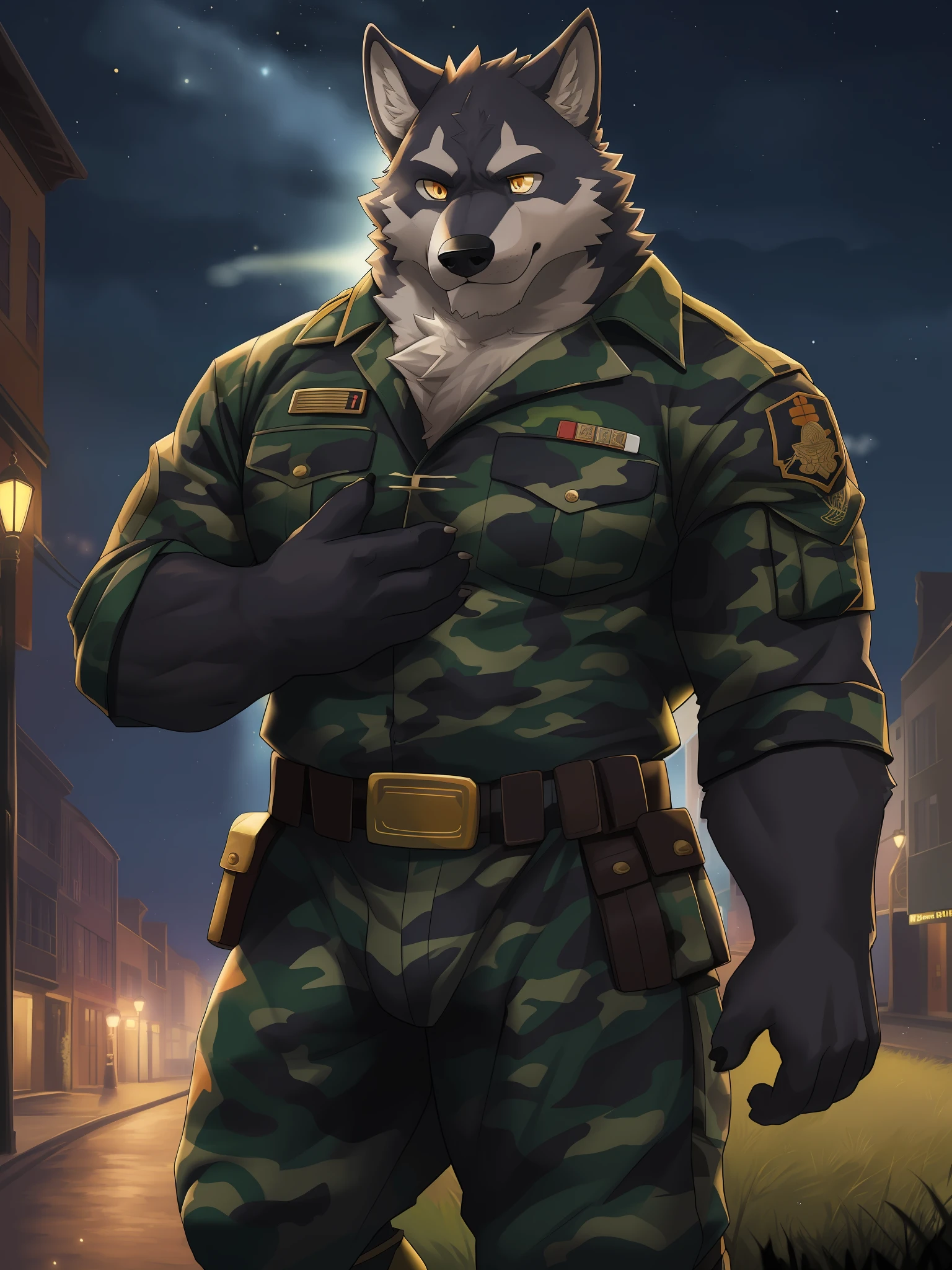 solo, (middle-aged male), (muscular,rascal mustache), shaman, (male anthro wolf):1.3, black body, white belly, (standing):1.3, (kemono:1.4) (praying):1.23, (detailed camo costume, soldier uniform, grass green Pattern: 1.2), detailed eyes, wolf tail, wolf ears, ((bust portrait)), (detailed eyes, golden eyes,): 1.1, (outdoor: 1.35), wind, street lights, street, stars, night , (particles, scattered letters, orange glow): 1.3, detailed background, realistic, realistic hands, 8k hd, (dark shadows, wide dynamic range, hdr, low light: 1.2)