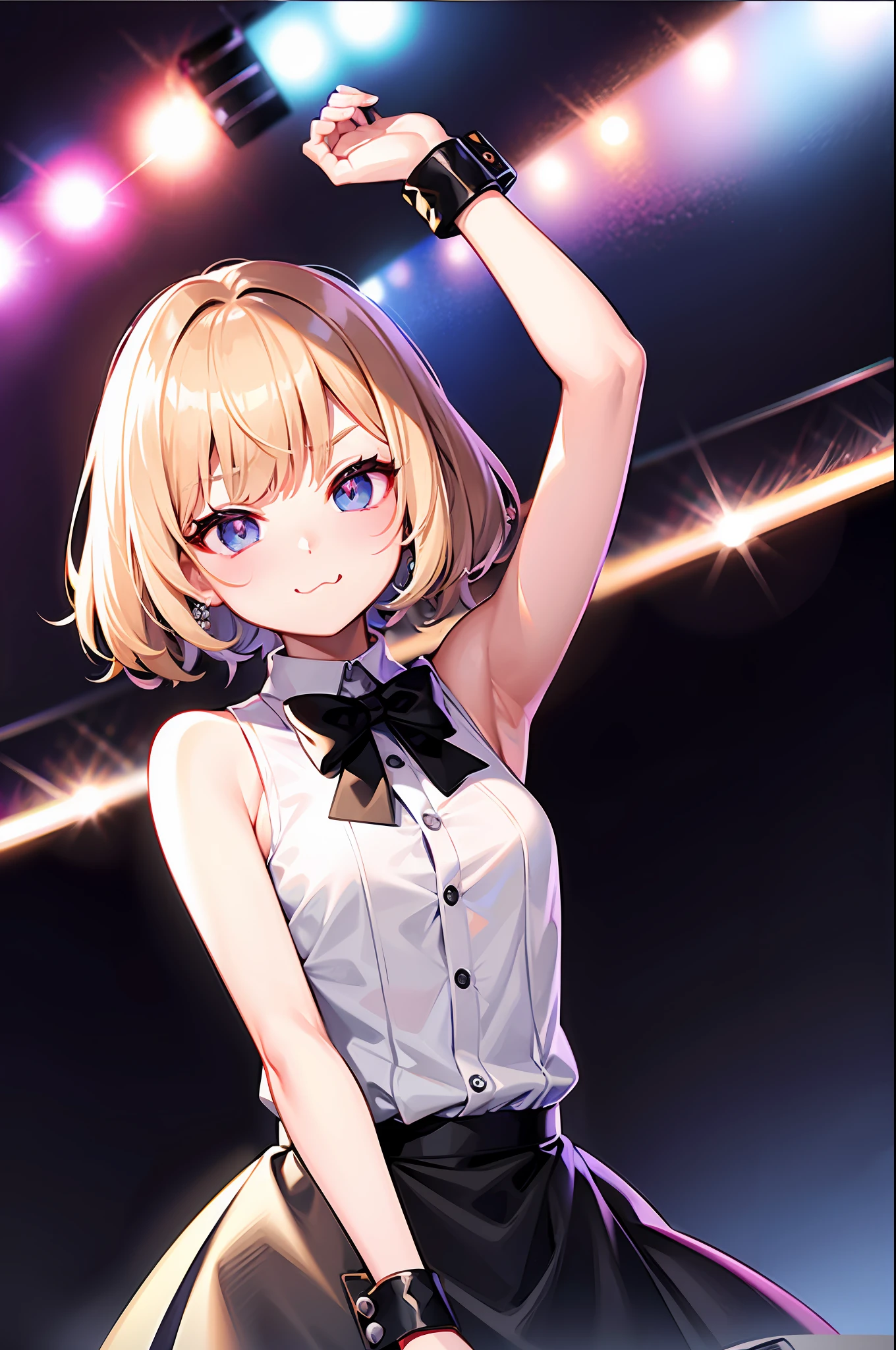 Best quality, super high resolution, 1 girl, sleeveless white button-down shirt, black skirt, black collar, cute, Korean idol, pouting (aegyo sal: 1), platinum blonde hair (1), puffy eyes (1 ), the camera is forward, the whole body is in full view, facing the audience.