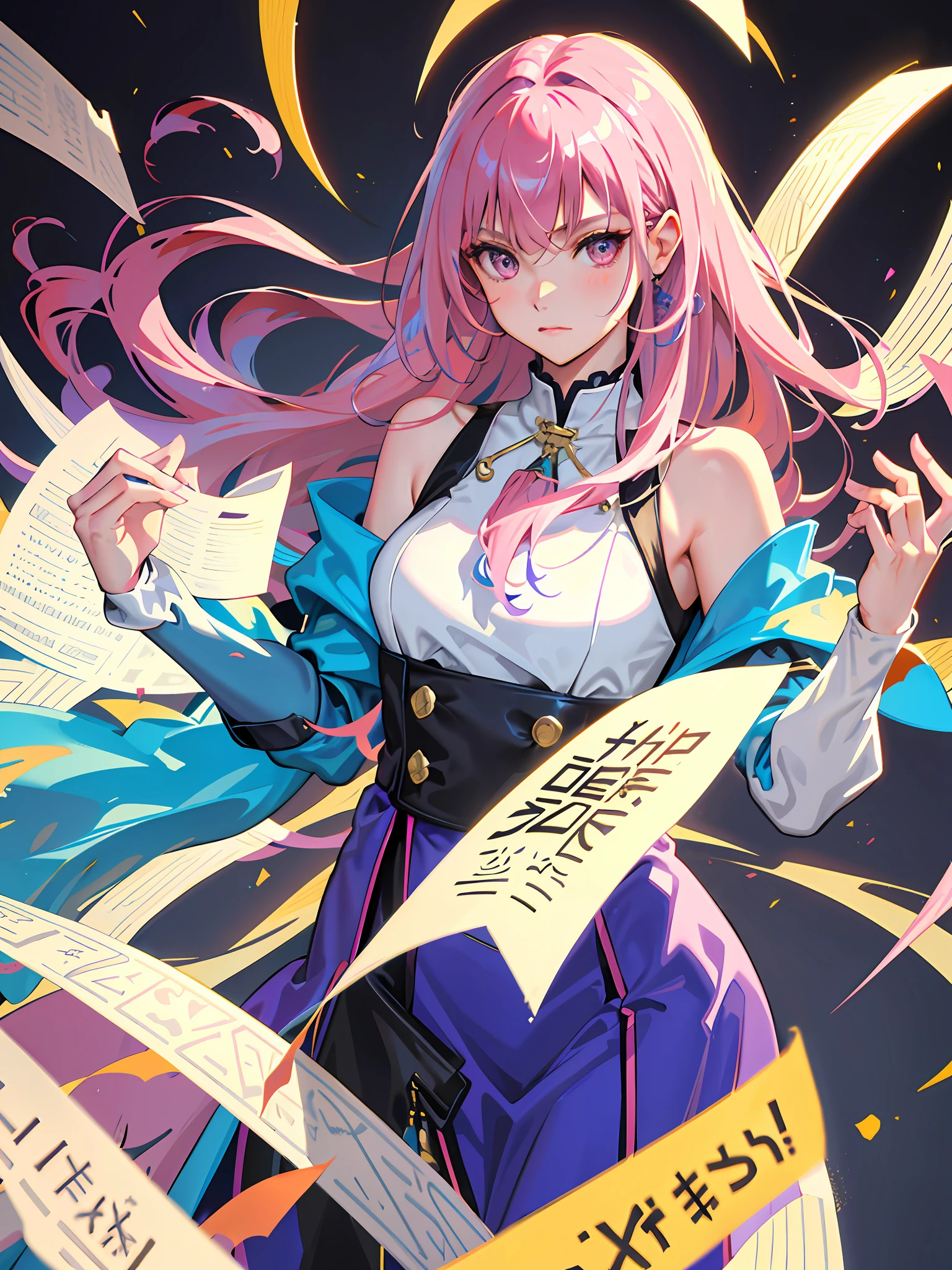 Original, (Illustration: 1.1), (Best Quality), (Masterpiece: 1.1), (Nice and Clear Background: 1.25), (Very Detailed CG Unity 8k Wallpaper: 1.1), (Color: 0.95), (Depth of Field: 0.75), (splash ink: 0.85), (watercolor: 0.65), cowboy lens, 1girl, mature woman, +++++++++++++++++++//, (pink hair: 1.1 ), very long hair, crossed bangs, //++++++++++++, purple eyes, ring eyes, (light frown: 1.15), (military cap: 1.2), (military uniform : 1.2), (Military Uniform: 1.45), (Shoulder Covers: 1.4), (Gold Trim: 1.2), Holographic Clothing, (Holographic Touch Screen: 1.4), (Game UI: 1.6), Holding Paper, Tyndall Effect , slight rays, ray tracing,
