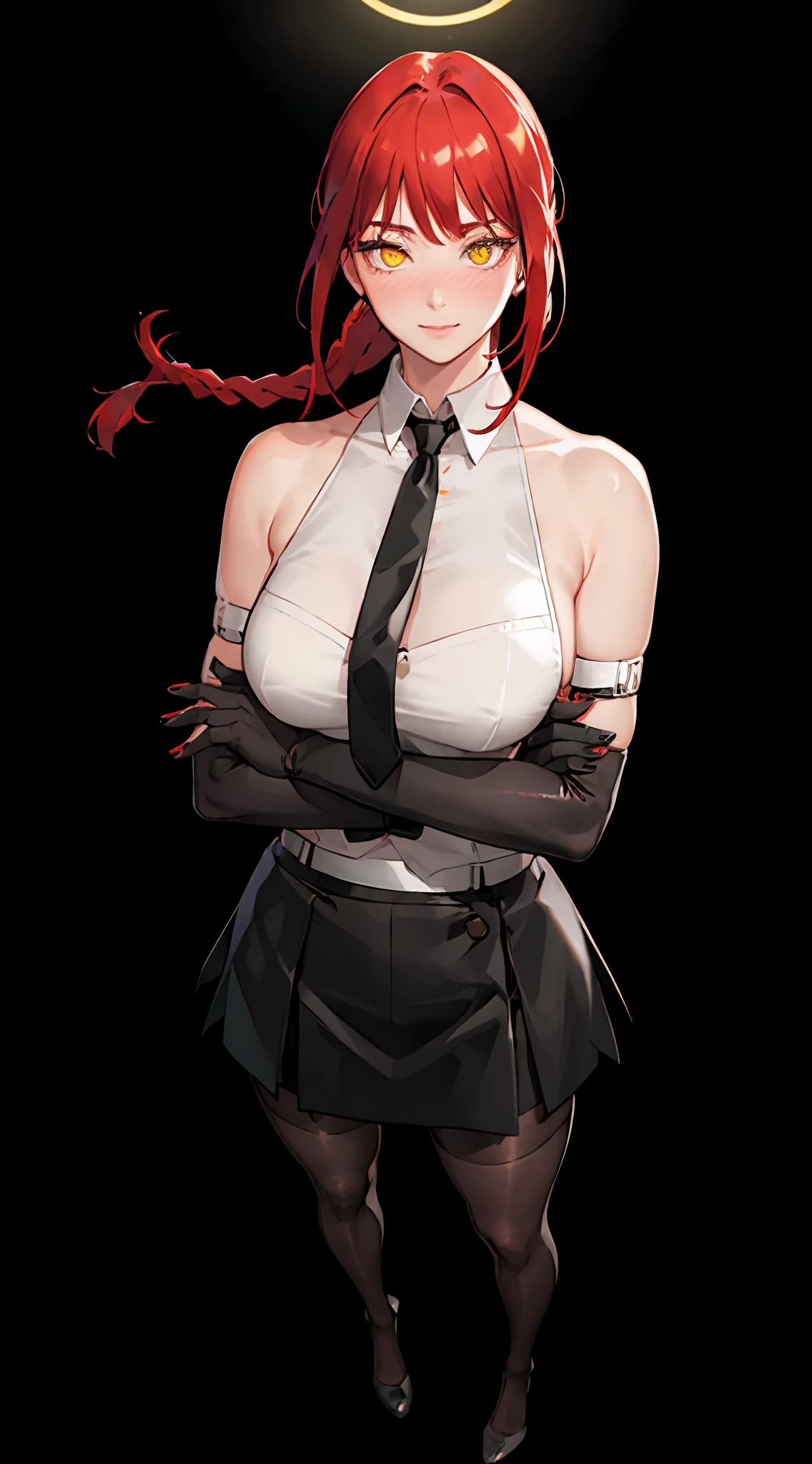 masterpiece, (photorealistic:1.4), best quality, beautiful lighting,KPop idol, black elbow gloves, black gloves, black necktie,black skirt,black pantyhose,white sleeveless white blouse,solo,bare shoulder,outdoor,full body,standing,crowded,crossed arms,nose blush,lean forward
(ulzzang-6500:0.5), makima \(chainsaw man\), (red hair)+(long braided hair)+(bangs), yellow eyes, golden eyes, ((ringed eyes)),medium breast, detailed face,smile,
RAW photo, 8k uhd, film grain,blurry background,