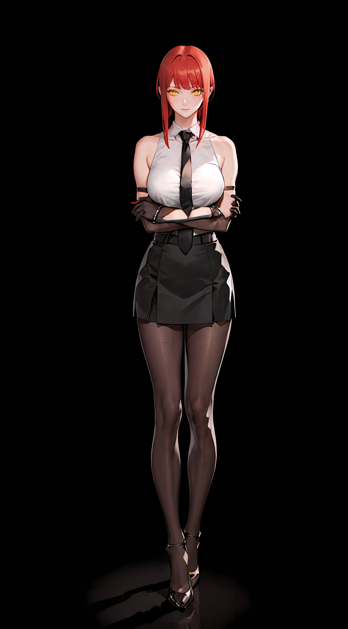 masterpiece, (photorealistic:1.4), best quality, beautiful lighting,KPop idol, black elbow gloves, black gloves, black necktie,black skirt,black pantyhose,white sleeveless white blouse,solo,bare shoulder,outdoor,full body,standing,crowded,crossed arms,nose blush,lean forward
(ulzzang-6500:0.5), makima \(chainsaw man\), (red hair)+(short hair with long locks)+(bangs), yellow eyes, golden eyes, ((ringed eyes)),medium breast, detailed face,smile,
RAW photo, 8k uhd, film grain,blurry background,