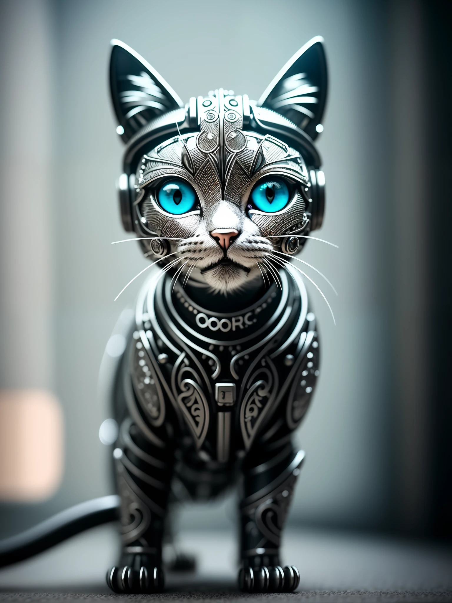 A cute kitten made of metal, (cyborg:1.1), ([tail|detailed wire]:1.3), (intricate detail), hdr, (intricate detail, hyperdetailed:1.2), cine footage, halo shadow, centered