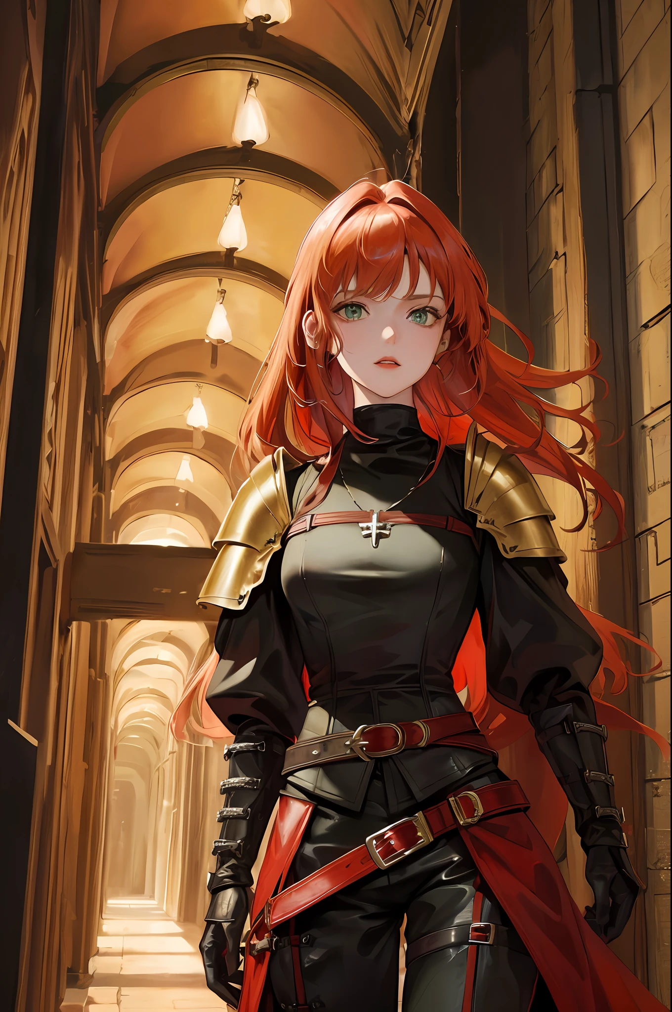 Medieval RPG figure painting, long wind blows through flowing ginger hair, red and black, metal shoulder armor, saber belt, black leather lace-up pants, (strap buckle: 1.2) armor, red lips, green eyes, elegant The Pendant, standing inside an ancient hallway, dynamic pose, (masterpiece: 1.4) (best quality: 1.4) (8k) (HDR) (wallpaper) (film lighting) (sharp focus) (complex) (painting) Style- Sylvamagic