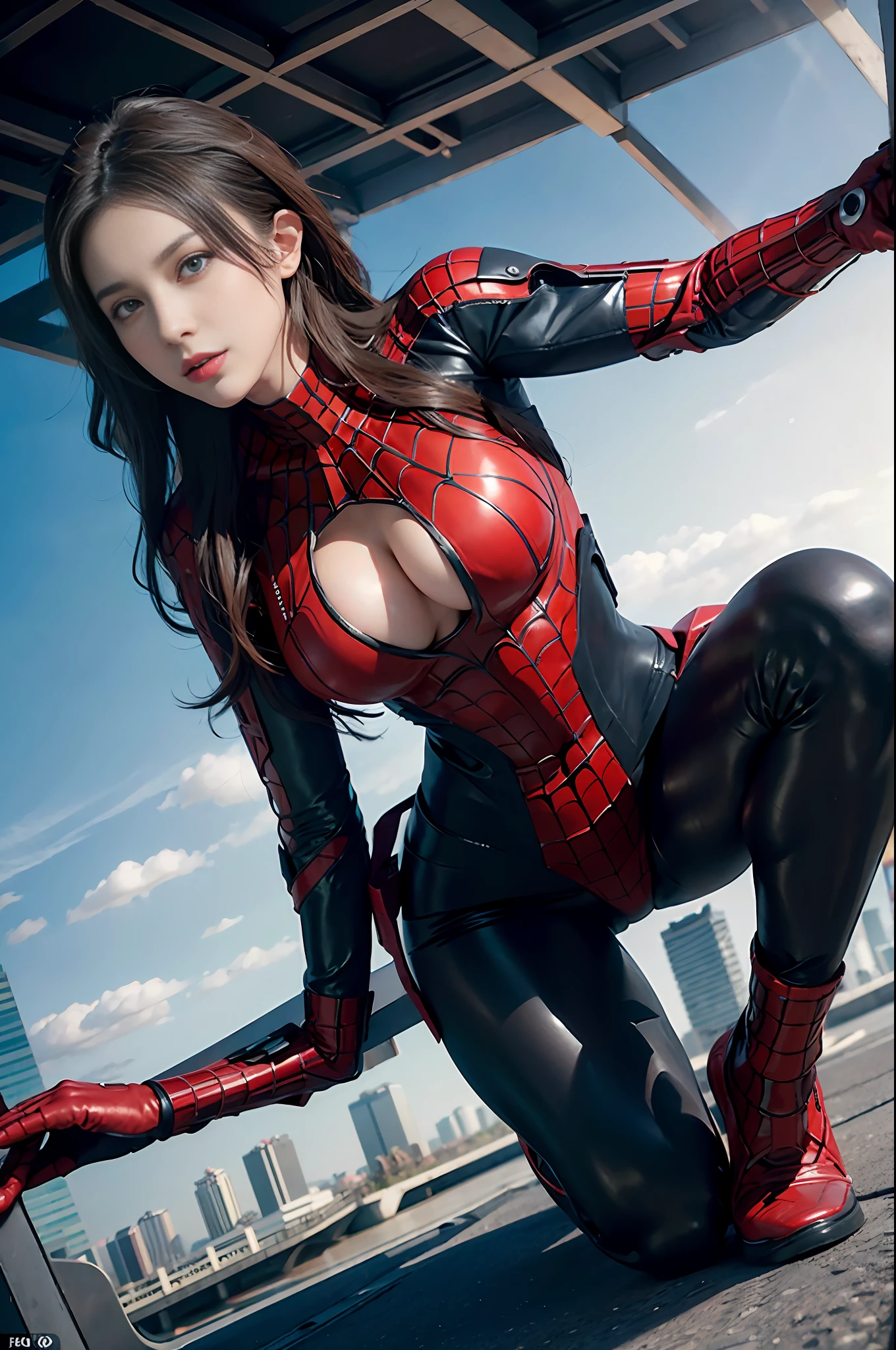 RAW, Masterpiece, Super Fine Photo,, Best Quality, Ultra High Resolution, Photorealistic, Sunlight, Full Body Portrait, Stunningly Beautiful, Dynamic Poses, Delicate Face, Vibrant Eyes, (Side View) , she is wearing a futuristic Iron Lady Spiderman costume, very detailed background, detailed face, detailed and complex busy background, messy, gorgeous, milky, high detailed skin, realistic skin details, visible pores, sharp focus, Volumetric fog, 8k uhd, dslr, high quality, film grain, fair skin, photorealism, lomography, sprawling metropolis in a futuristic dystopia, view from below, translucent