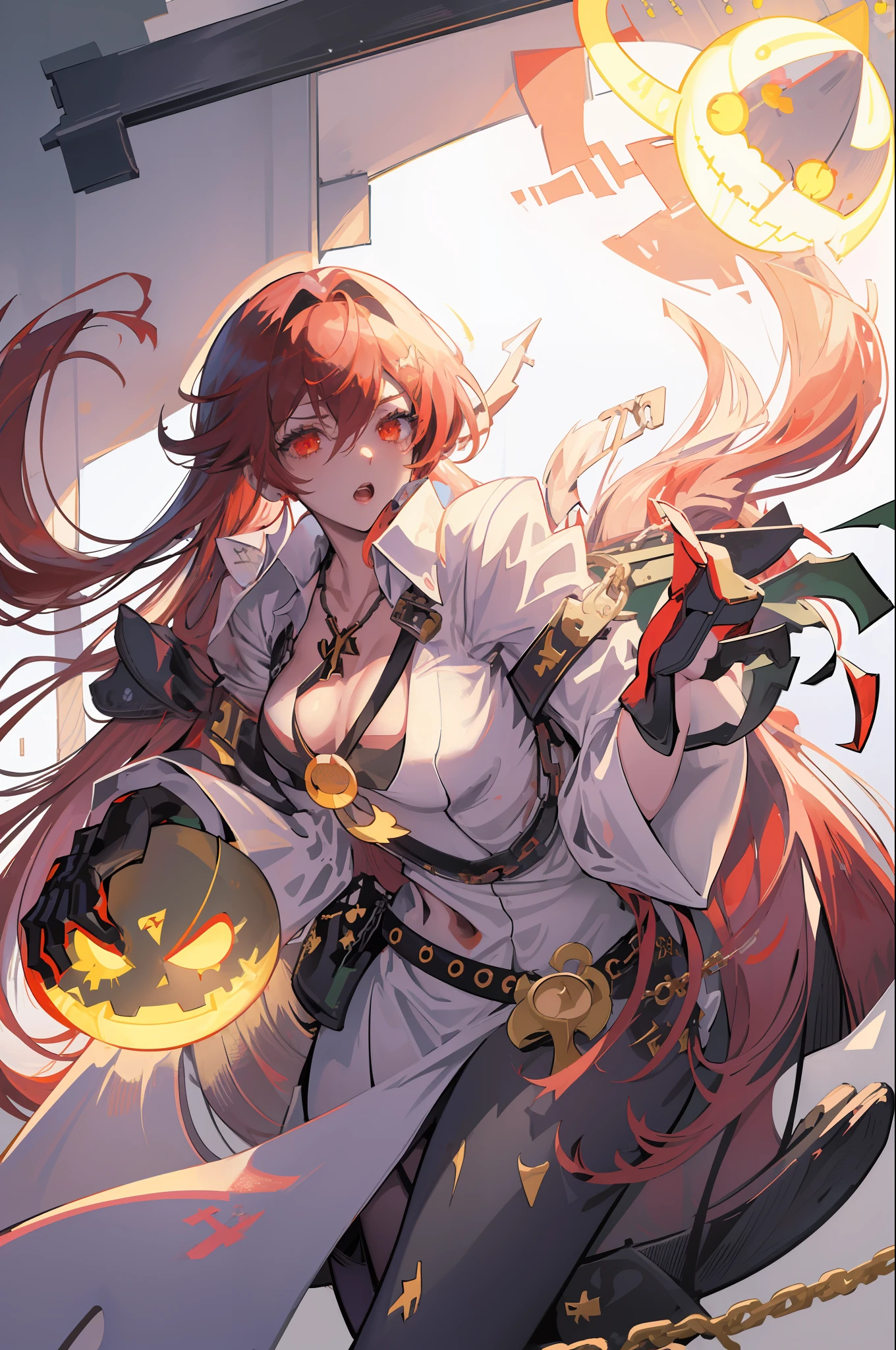 ((masterpiece)), (best quality), (detailed), (1 girl), jack-o' valentine,red hair,white bodysuit,gloves,halo,cross,belt,chain,ball & chain restraint,ankh,mask,shackles,cleavage,necklace,buckle,jewelry,chained,wide sleeves,cat ears,angel wing,pop