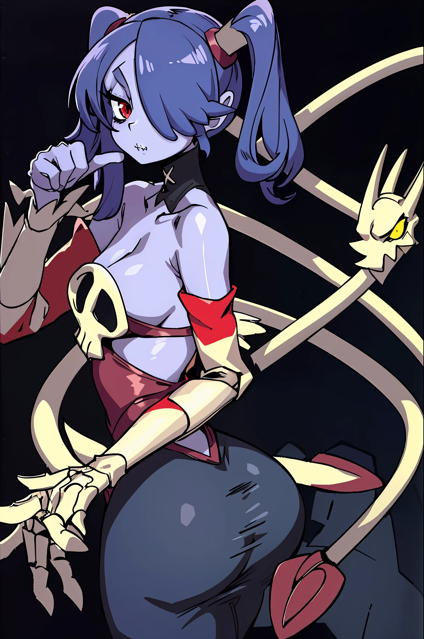 ecchi nsfw,ahegao, ecchi anime style (in lingerie, ecchi anime style, full body art, ecchi style, anime character; full body art, realistic - anime, ecchi, anime arts, seductive anime, high quality, best quality: 1.3)), wavy, 1 , solo, small breasts, looking at viewer, bare shoulders, open sleeves, hair over one eye, red eyes, side ponytail, a ponytail, loose collar, skull, ( (blue skin)), stitches, zombie, striped sleeves, stitched mouth, extremely detailed, highly detailed, perfect face, beauty, perfect eyes, ((skeletal arm, vivid tails, big butt, big lips)), baggy eyes, makeup , big eyelashes, cute, adorable, serious, ((leviathan: 1.3)), full body, (long skirt), in lingerie, ecchi anime style, full body art, ecchi style, anime character; full body art, realistic - anime, ecchi, anime arts, seductive anime girl, beautiful anime woman, ((lolifsw