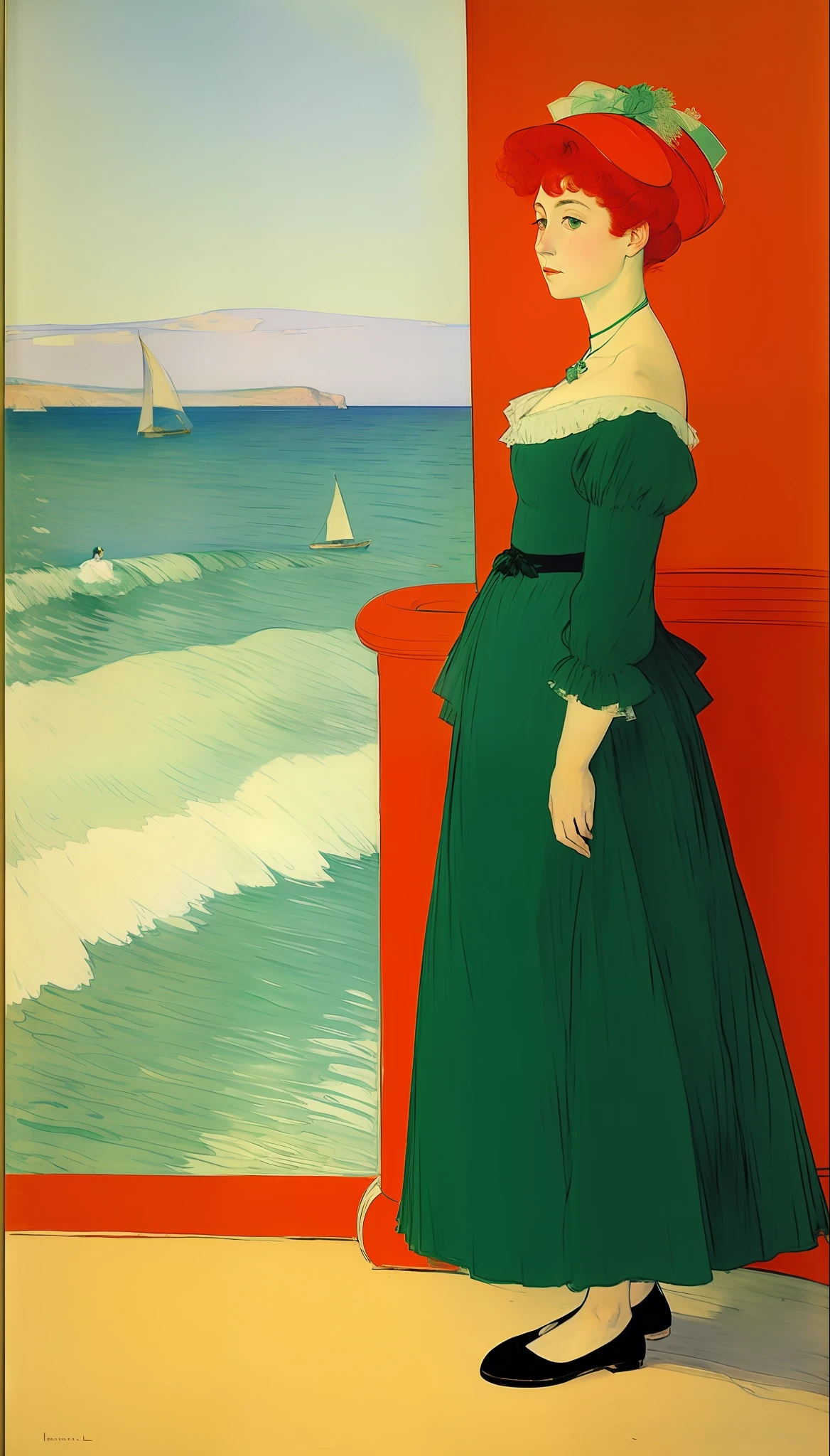 Woman in a Long Green Dress against the Red Sea in the Background, Henri de Toulouse-Lautrec