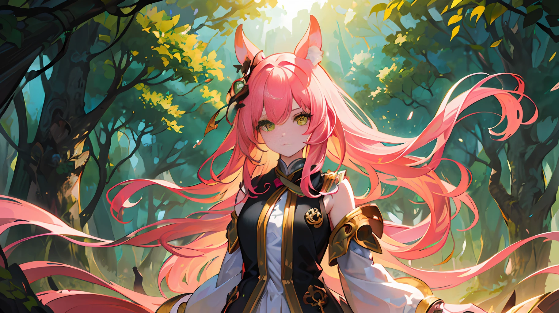 (best quality:1.3),(masterpiece:1.1),(illustration:1.2),(ultra-detailed:1.2),beautiful detailed eyes,hair floating in the wind , hair contrasting with the sun , light green scenery,1 epic dragon ,pink hair , animal ears , yellow eyes mixed with red , professional lighting , fantasy backgrounds beauttiful eyes , long hair , 1 girl , solo girl , cute girl , sword, fighting
