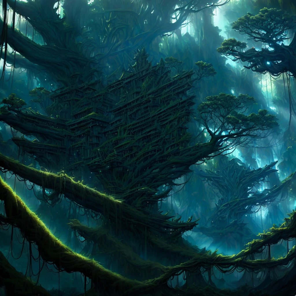 (amazing 8K ultra-detailed CG wallpaper, masterpiece, best quality), gorgeous illumination, beautiful shadow, [(floating) (enchanting tree house), (natural rope bridge), (lush and vibrant forest), depth of field],