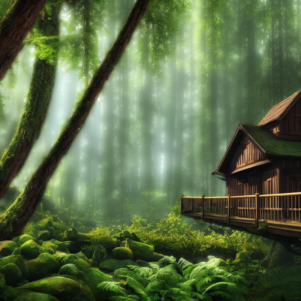 (amazing 8K ultra-detailed CG wallpaper, masterpiece, best quality), gorgeous illumination, beautiful shadow, [(floating) (enchanting tree house), (natural rope bridge), (lush and vibrant forest), depth of field],