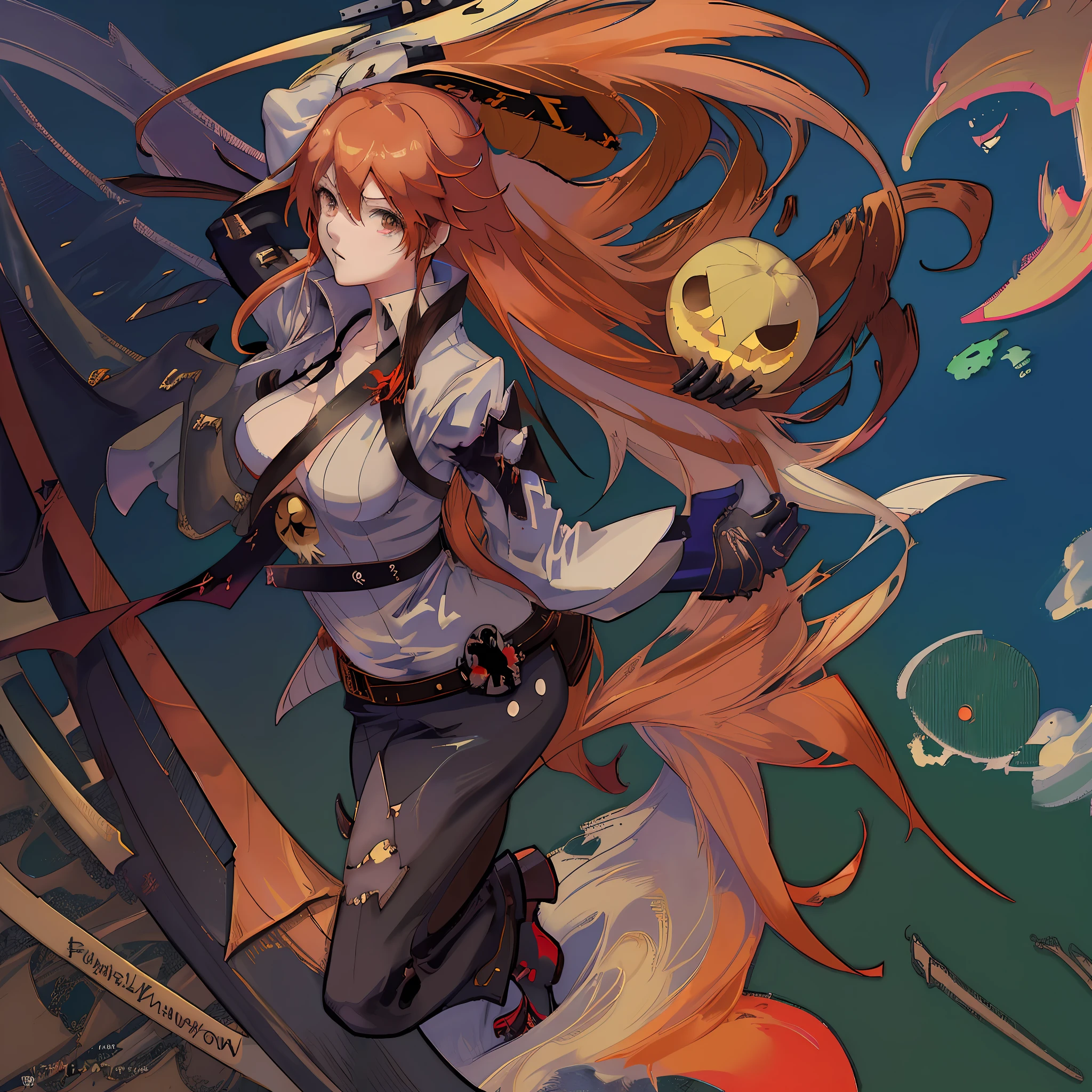 anime girl with long red hair and a white shirt holding a pumpkin, an anime drawing by Kamagurka, pixiv, shin hanga, zerochan art, best anime 4k konachan wallpaper, trending on artstation pixiv, mechanized witch girl, kawacy, zerochan, guilty gear art style, demon anime girl, ayaka genshin impact