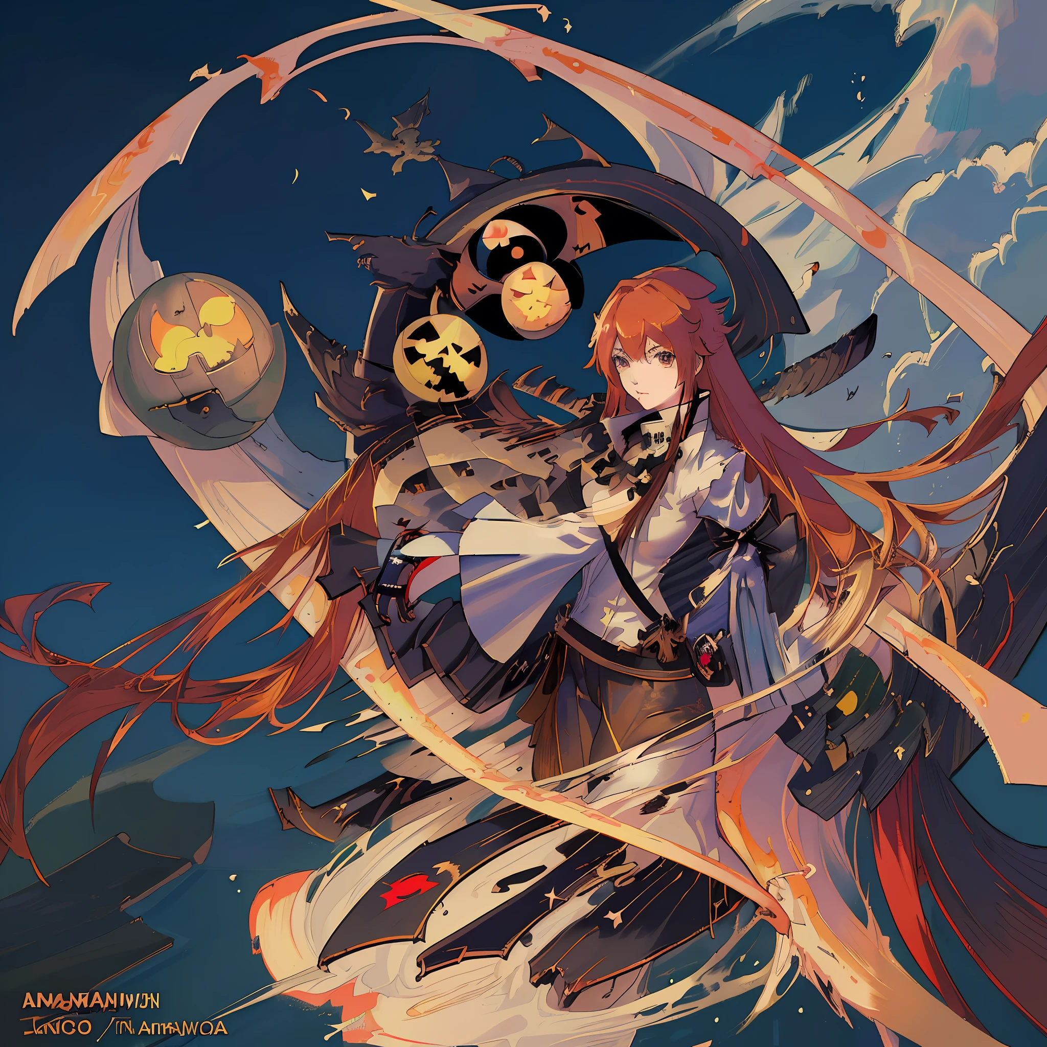 anime girl with long red hair and a white shirt holding a pumpkin, an anime drawing by Kamagurka, pixiv, shin hanga, zerochan art, best anime 4k konachan wallpaper, trending on artstation pixiv, mechanized witch girl, kawacy, zerochan, guilty gear art style, demon anime girl, ayaka genshin impact