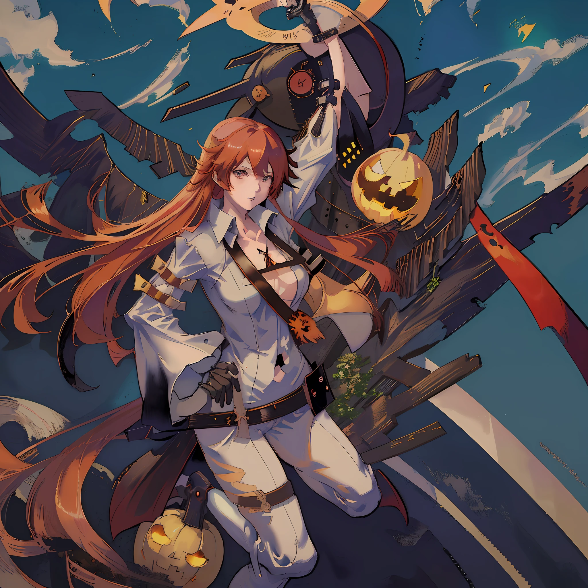 anime girl with long red hair and a white shirt holding a pumpkin, an anime drawing by Kamagurka, pixiv, shin hanga, zerochan art, best anime 4k konachan wallpaper, trending on artstation pixiv, mechanized witch girl, kawacy, zerochan, guilty gear art style, demon anime girl, ayaka genshin impact