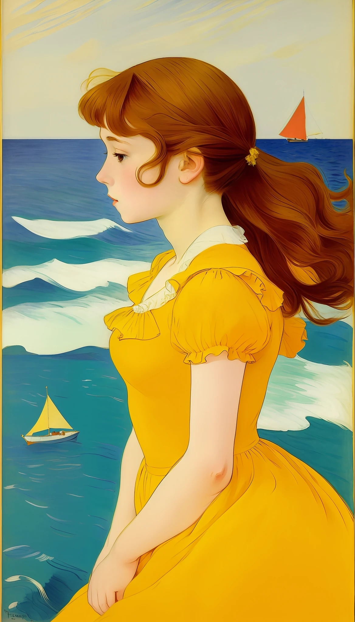 Little brown-haired girl in a long yellow dress against the background of the sea, Henri de Toulouse-Lautrec