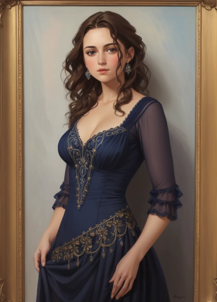 1girl, beautiful girl, small breasts, revealing ornate navy blue dress, short wavy brown hair, portrait, oil painting, modern, realistic proportions, intricate, intricate details, sharp focus