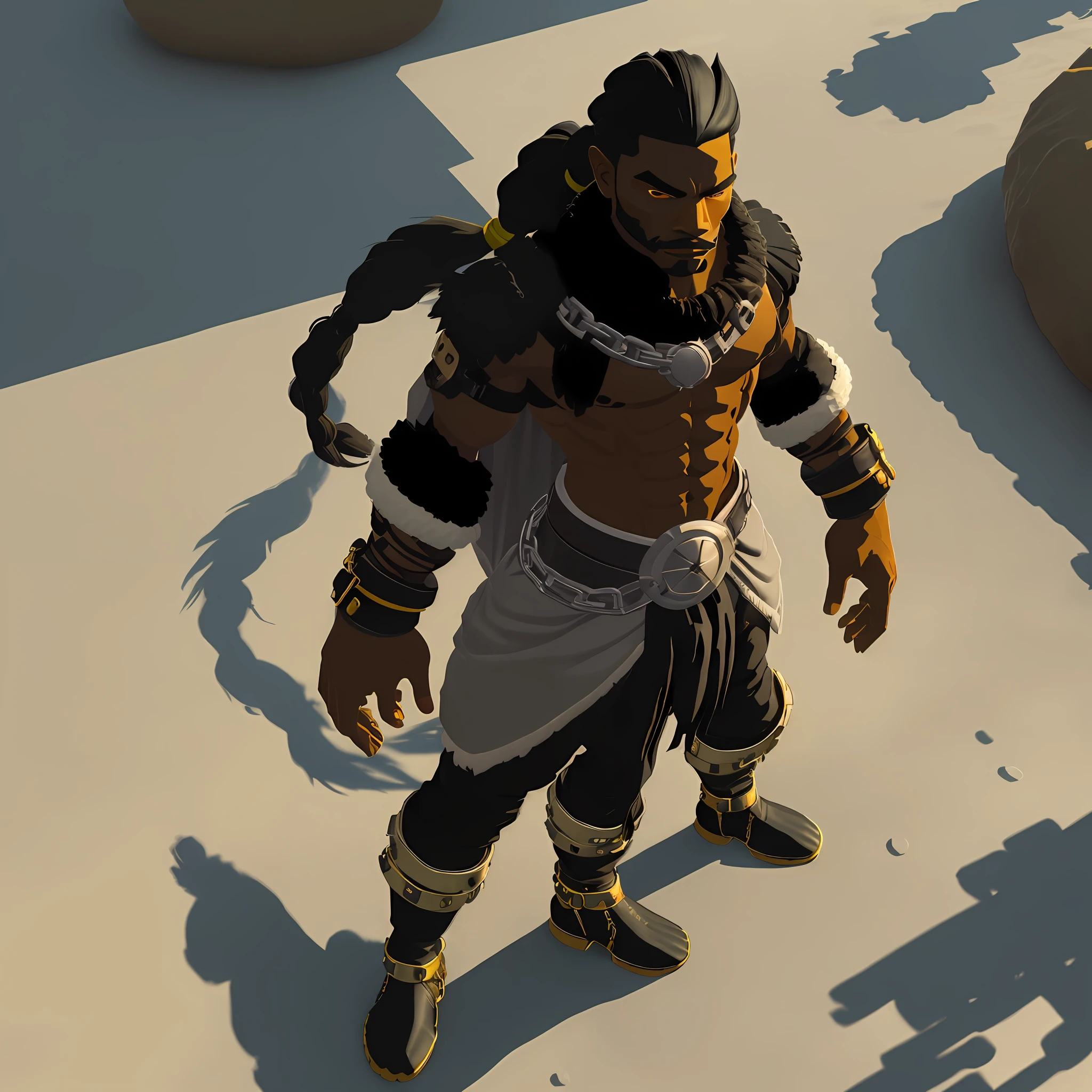 an anime colored full body of a black man wearing a (fur collar), a shrug with black long sleeves wrapped in bandages, chains hanging from his waist cape, leopard-print black pants with a fur-trim, and black fur-trimmed boots, with (((long black hair))) tied in a (((low ponytail))), inspired by (ragnarok online), (((shadow chaser))), (((tall male))), fantasy, (master thief), fullbody rpg view, rpg portrait full body, (smirk), perverted, dark-skinned male, (((tall))) and (((toned body))), abs, stylish, (((handsome))), (((masterpiece))), (((stalking))), (((alone))), (((((solo))))), mature male